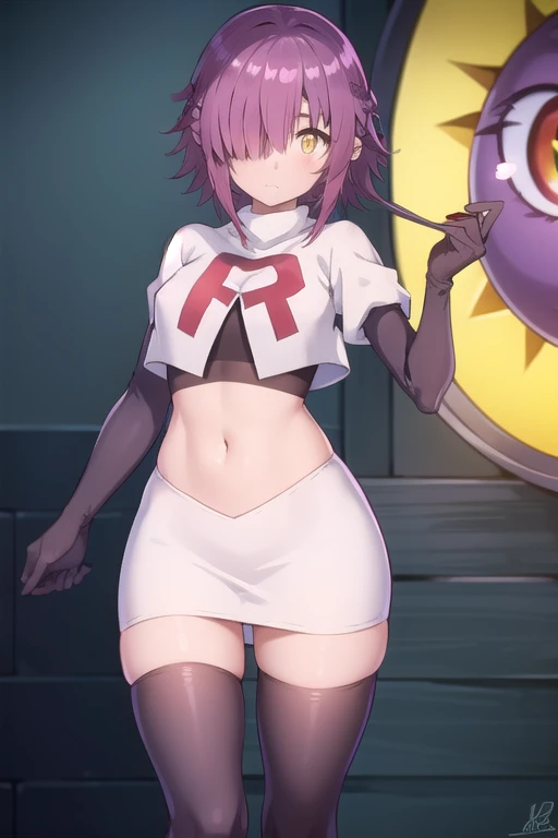 ayanofujimoto, ayano fujimoto, short hair, hair ornament, (yellow eyes:1.3), purple hair, braid, (hair over one eye:1.5),
BREAK team rocket,team rocket uniform,white skirt,red letter R,crop top,black thigh-highs,black elbow gloves,
BREAK looking at viewer,
BREAK (masterpiece:1.2), best quality, high resolution, unity 8k wallpaper, (illustration:0.8), (beautiful detailed eyes:1.6), extremely detailed face, perfect lighting, extremely detailed CG, (perfect hands, perfect anatomy),