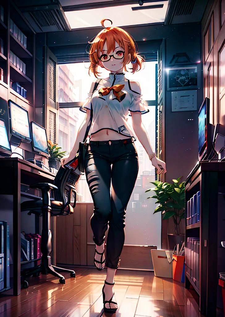 Takahai Chige,Orange Hair,Red eyes,smile,Long Hair,Ahoge,Cold Shoulder Shirt,Short sleeve,skinny pants,Stiletto heels,Black-rimmed glasses,interior,There is a computer on the table,Walking,whole bodyがイラストに入るように,Daytime,Clear skies,　　　　 　　　　　　　　　　　　break indoors, office, 　　　　　　　　　　　break looking at viewer, whole body, 　　　　　　　　break (masterpiece:1.2), Highest quality, High resolution, unity 8k wallpaper, (shape:0.8), (Beautiful attention to detail:1.6), Highly detailed face, Perfect lighting, Extremely detailed CG, (Perfect hands, Perfect Anatomy),