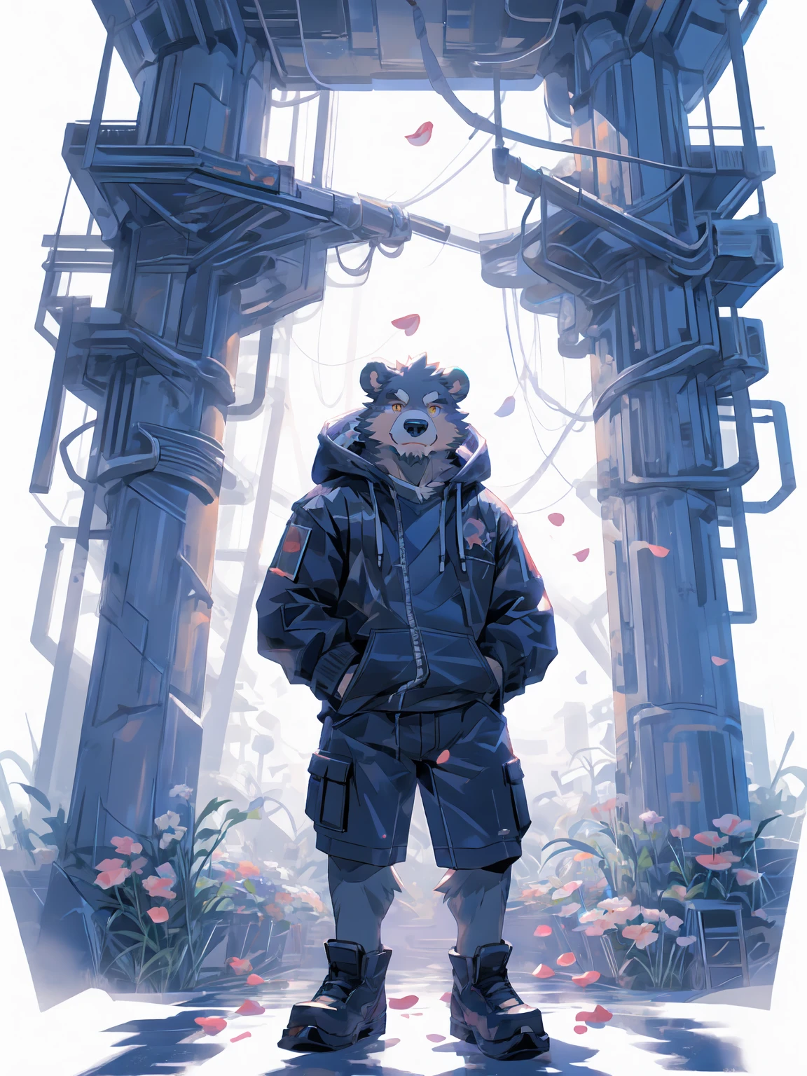 ultra-detailed,extremely detailed and beautiful, sky and white cloud and sunset glow background,ultra-detailed birds, (floating city in bloom, Floating petals, blooming gardens in the sky, many vines on the wall:1.2),Imagination,(masterpiece:1.2), best quality,pixiv,official art,perfect ???????, (Ray tracing, light),solo, (1_male:1.3) , (muscle), (grey fur:1.4), (muscle bear), (beard:1.2), (gleaming golden eyes), bear tail, full body, Thick black eyebrows, (open short hoodie), (naked inside),cargo shorts, black short boots, (pure white background: 1.3), looking at viewer,dynamic pose, (holding a bouquet:1.3)