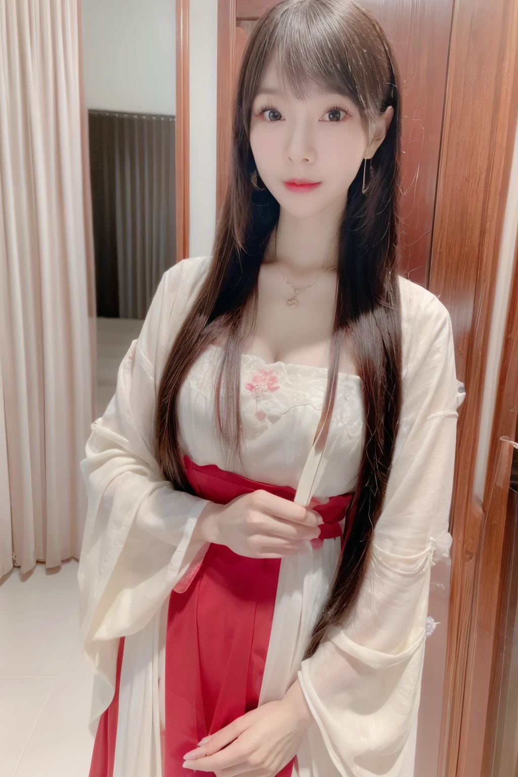 a girl with long flowing hair, detailed portrait, upper body, wearing a transparent china silk dress, ornate jewelry including necklace, earrings, and hair accessories, (best quality,4k,8k,highres,masterpiece:1.2),ultra-detailed,(realistic,photorealistic,photo-realistic:1.37),detailed eyes,detailed lips,extremely detailed face,long eyelashes,intricate glass-like style, masterpiece