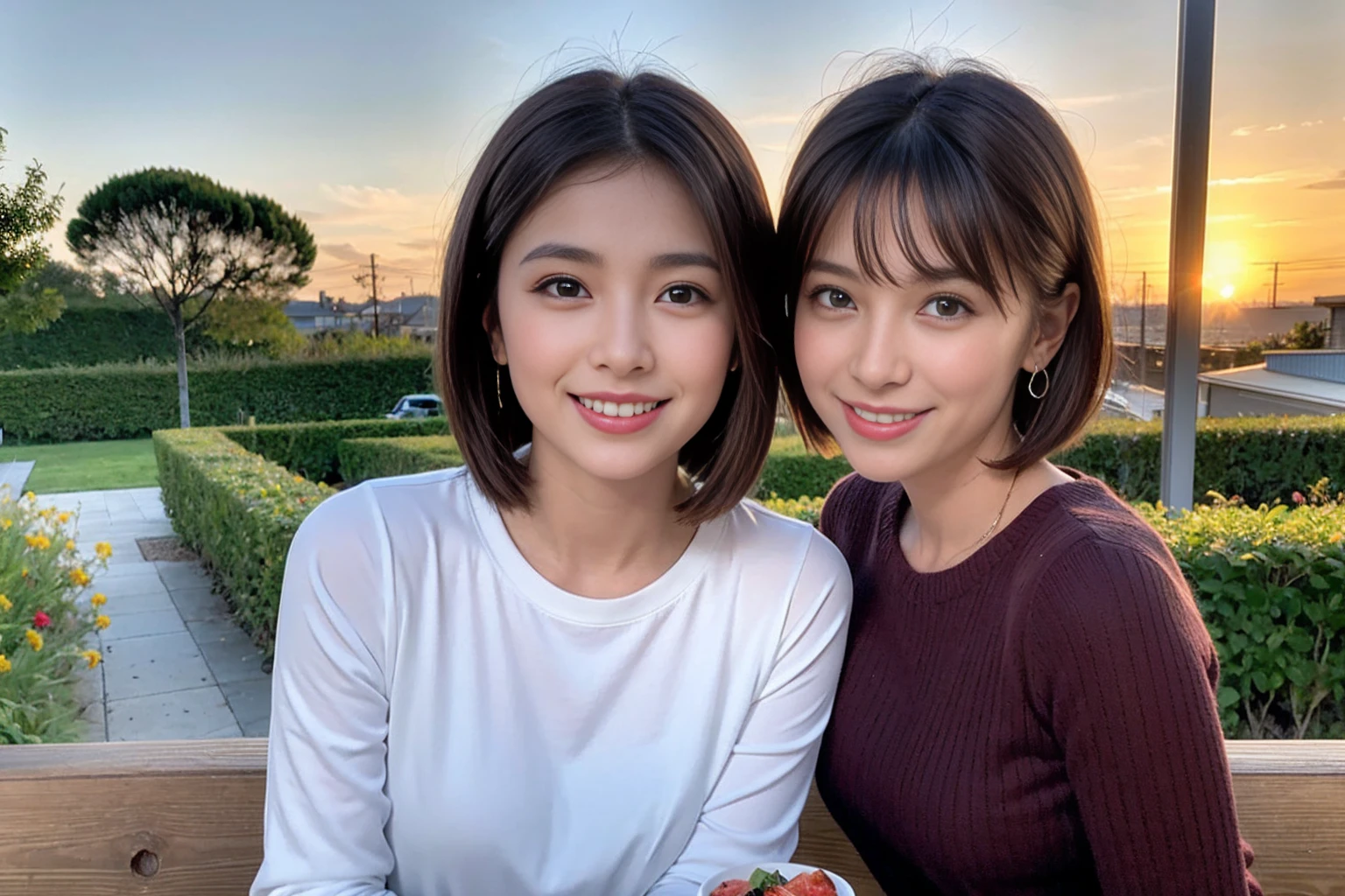 （Realistic:1.1）,(masterpiece,Highest quality)，8k,(49 years old), 47 years old, slimカップル、Model Couple、actress/actor、Tight waist,Upper Body,full-course dinner、wine 、Amazing view of the sunset sky and clouds、Perfect Anatomy, Brown Hair, short hair,Random Hairstyles,((Highly detailed face and eyes:1.2))(cute顔:1.4)，美しいactressの顔，Perfect golden ratio face，Long sleeve shirt、dress,(smile:1.2)、Shortcuts、cute、(Realistic, Intricate details:1.2), A bright smile、short hair,Bright Face、赤wine 、Appetizers、Italian food、wine bottle、Champagne、スパークリングwine、(slimな顔), (The body is slim), (Brown Hair), (Shortcuts),  Upper Body, 白wine, slim, wineグラス, 