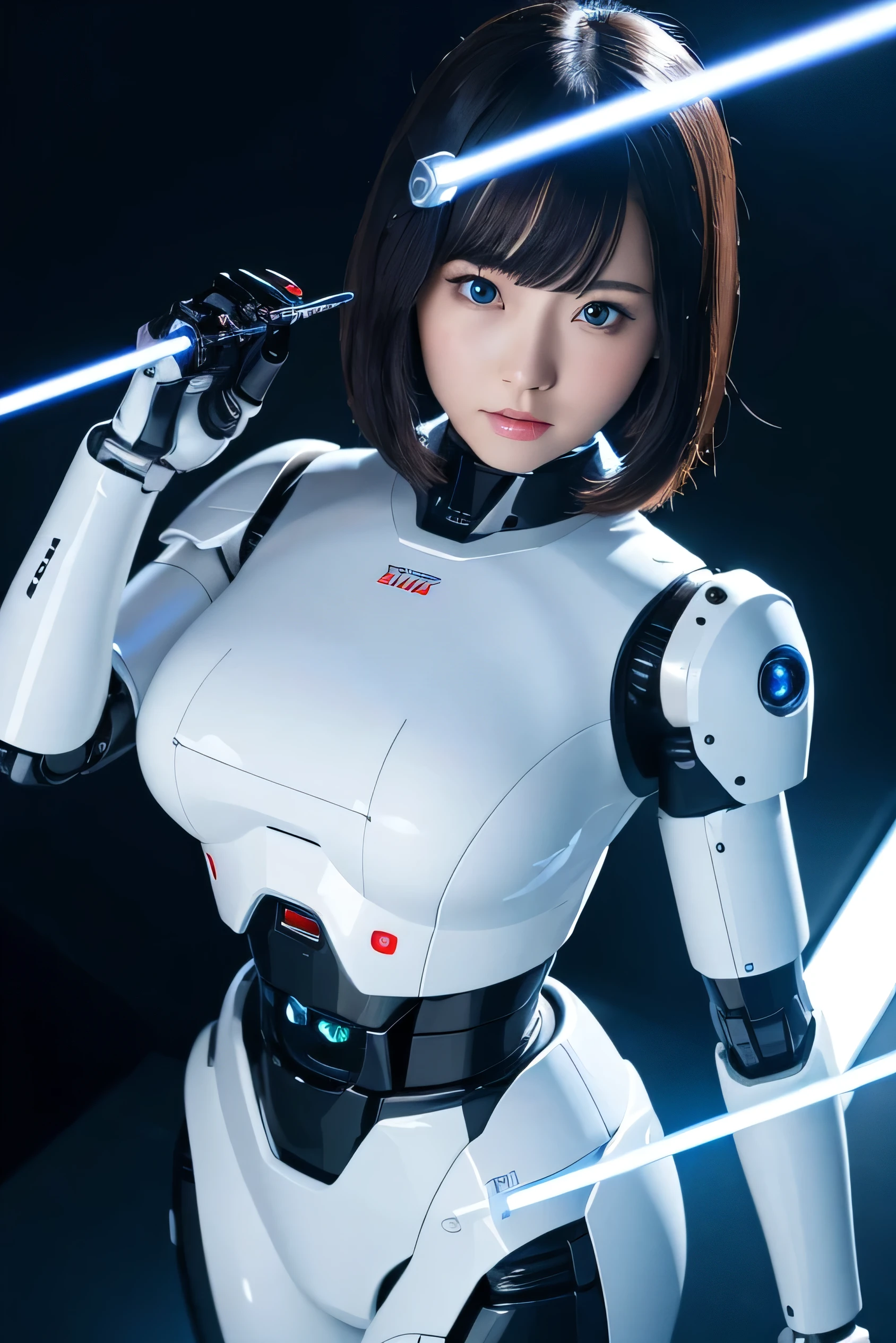 masterpiece, best quality, extremely detailed,8k portrait,Japaese android girl,Plump , control panels,android,Droid,Mechanical Hand, Robot arms and legs, Black hair,Blunt bangs,perfect robot girl,long tube,thick cable connected her neck,android,robot,humanoid,cyborg,japanese cyborg girl ,robot-assembly plant,She has assembled now,assembly scene,white robot body,blue eyes, 