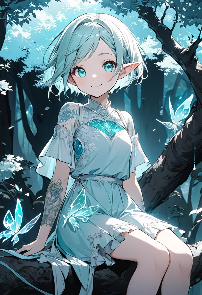 line art, iridescent white light effect, 2.5D, delicate and dynamic, pure aquamarine world, cute white elf girl, captivating smile, forehead, white very short messy pixie cut, loose dress, thin flat body line, covered in tattoos, sitting, leaning against a large aquamarine tree, background aquamarine, cartoon-style images, shading, contrast magic effects, aquamarine eyes
