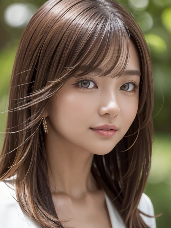 Beautiful white and shining skin、Chestnut-colored hair that changes with the light、Long bangs between the eyes that block vision、Cheek gloss highlighter、The most beautiful face in the world、Small Face Beauty、Golden Ratio、Full Body Shot、Beautiful woman、Ample breasts、thin、narrow、Please open your mouth a little、alone、sexy、Casual Business Wear、Nature background、noon、