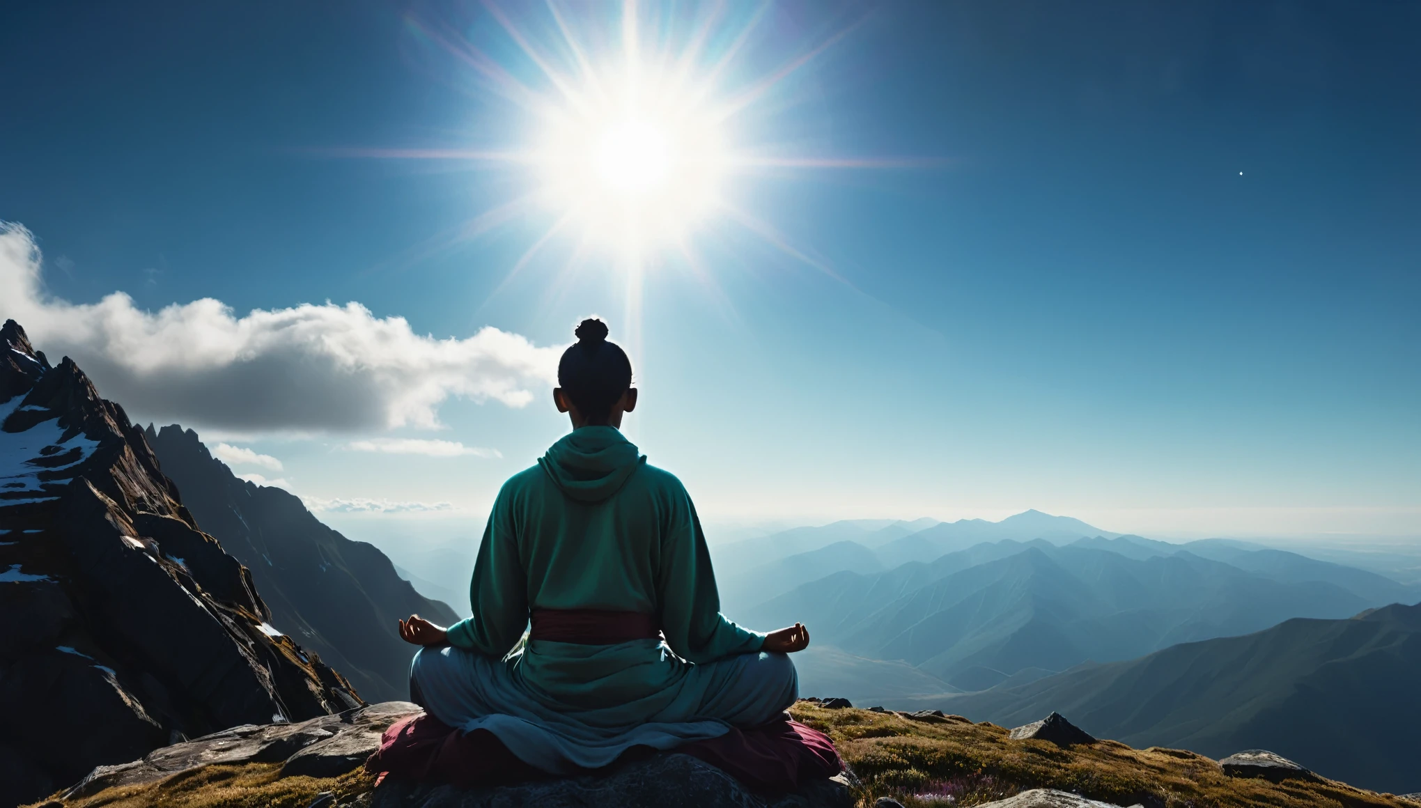 Very detailed image of a person meditating on top of a mountain. Loose Clothes. cinematic lighting