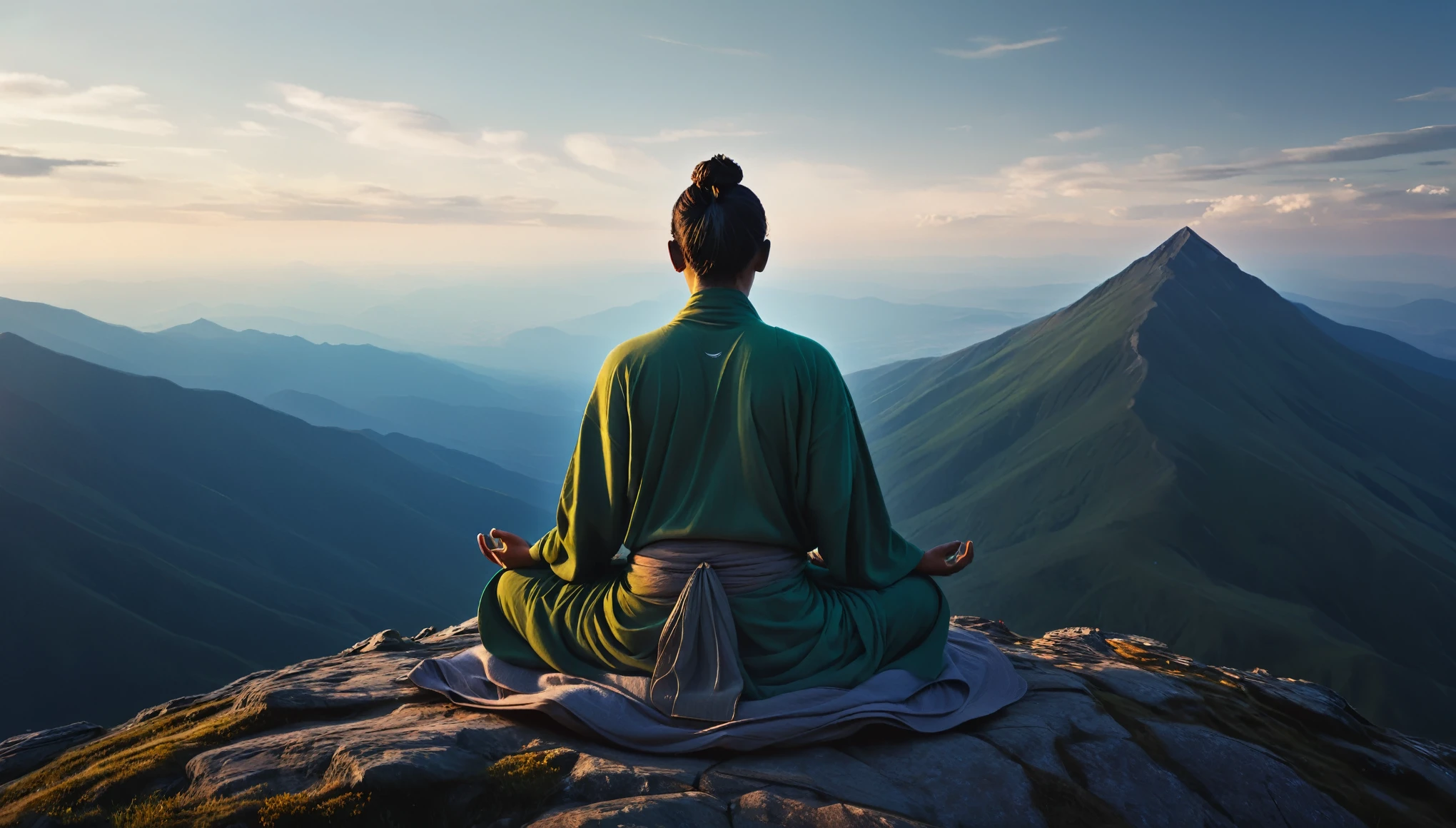 Very detailed image of a person meditating on top of a mountain. Loose Clothes. cinematic lighting