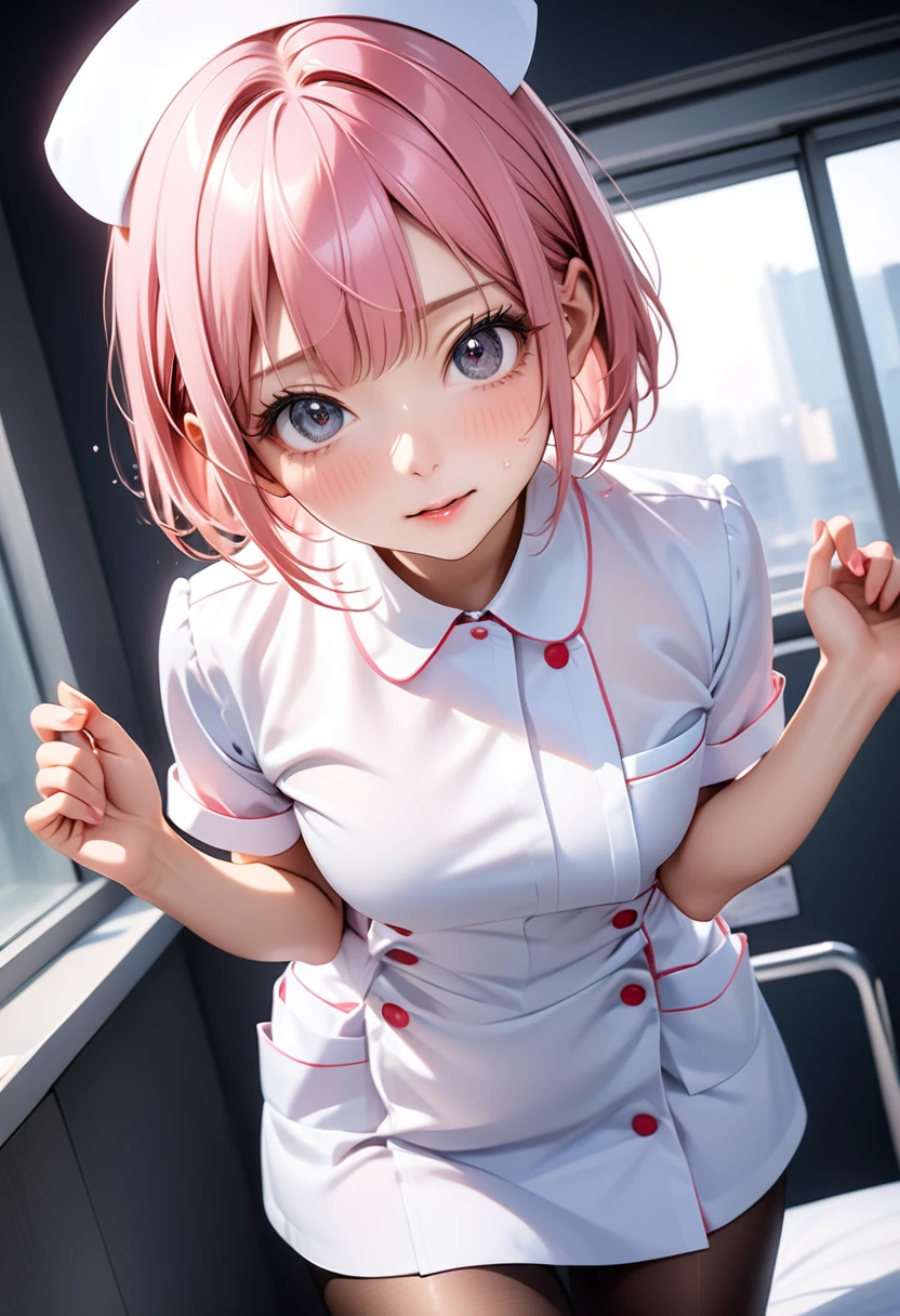 ((nurse uniform, pantyhose)), skinny, solo, 1 woman, Masterpiece, highest quality, highest quality, 16K, incredibly absurd, highly detailed, 2.5D, ai-generated, delicate and dynamic, very delicate facial expressions, delicate eye depiction, erotic, only sexy woman, ((A cute and kind face)), healthy figure, ((25-year-old woman)), 160cm tall, medium firm swaying bust,, (short hair), (pink hair:1.5), bob cut, black eye, blush, Sweat,Embarrassed,sexy, ((thin thighs)), (Erect nipples,:0.5), shiny and lustrous, facing straight at viewer,  (in heat), ((Oily_skin)), ((dutch angle)), ((erotic pose)),
