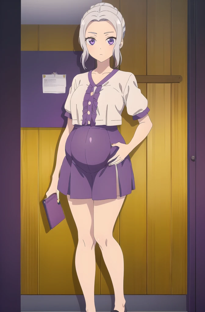 (extremely detailed CG unity 8k wallpaper), (masterpiece), (best quality), (ultra-detailed), (best illustration), (best shadow), (absurdres), 1girl, solo, shino, white hair, 1girl, solo, purple eyes, skirt, looking at viewer, top, dolphin shorts, anime, mirror selfie, holding phone, pregnant belly, huge pregnant, purple nails, belly