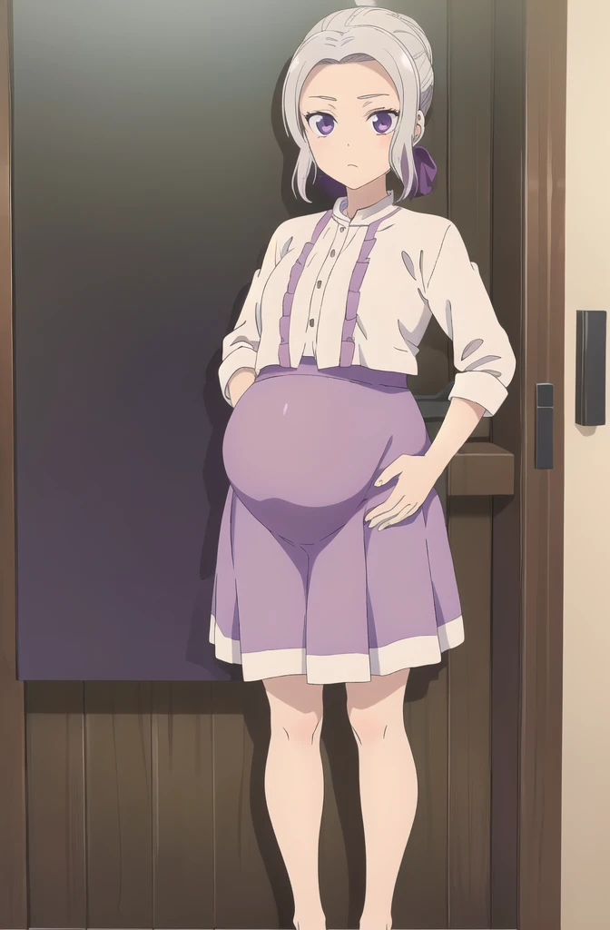 (extremely detailed CG unity 8k wallpaper), (masterpiece), (best quality), (ultra-detailed), (best illustration), (best shadow), (absurdres), 1girl, solo, shino, white hair, 1girl, solo, purple eyes, skirt, looking at viewer, top, dolphin shorts, anime, mirror selfie, holding phone, pregnant belly, huge pregnant, purple nails, belly