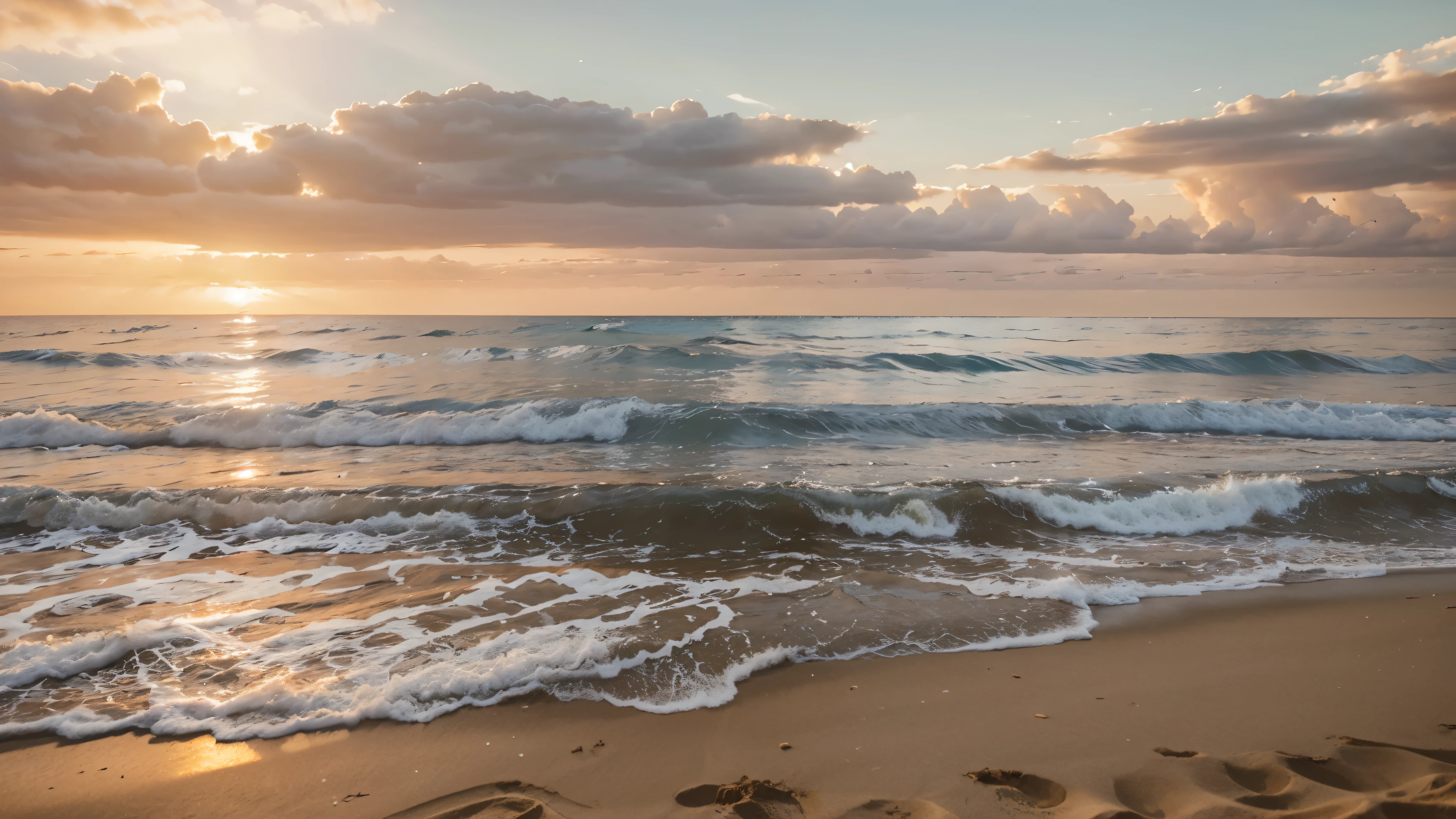 Sunset in the afternoon, when the beach water move slowly, and the sand look goldy because of sunset warm light, natural panoramic view 4K looking