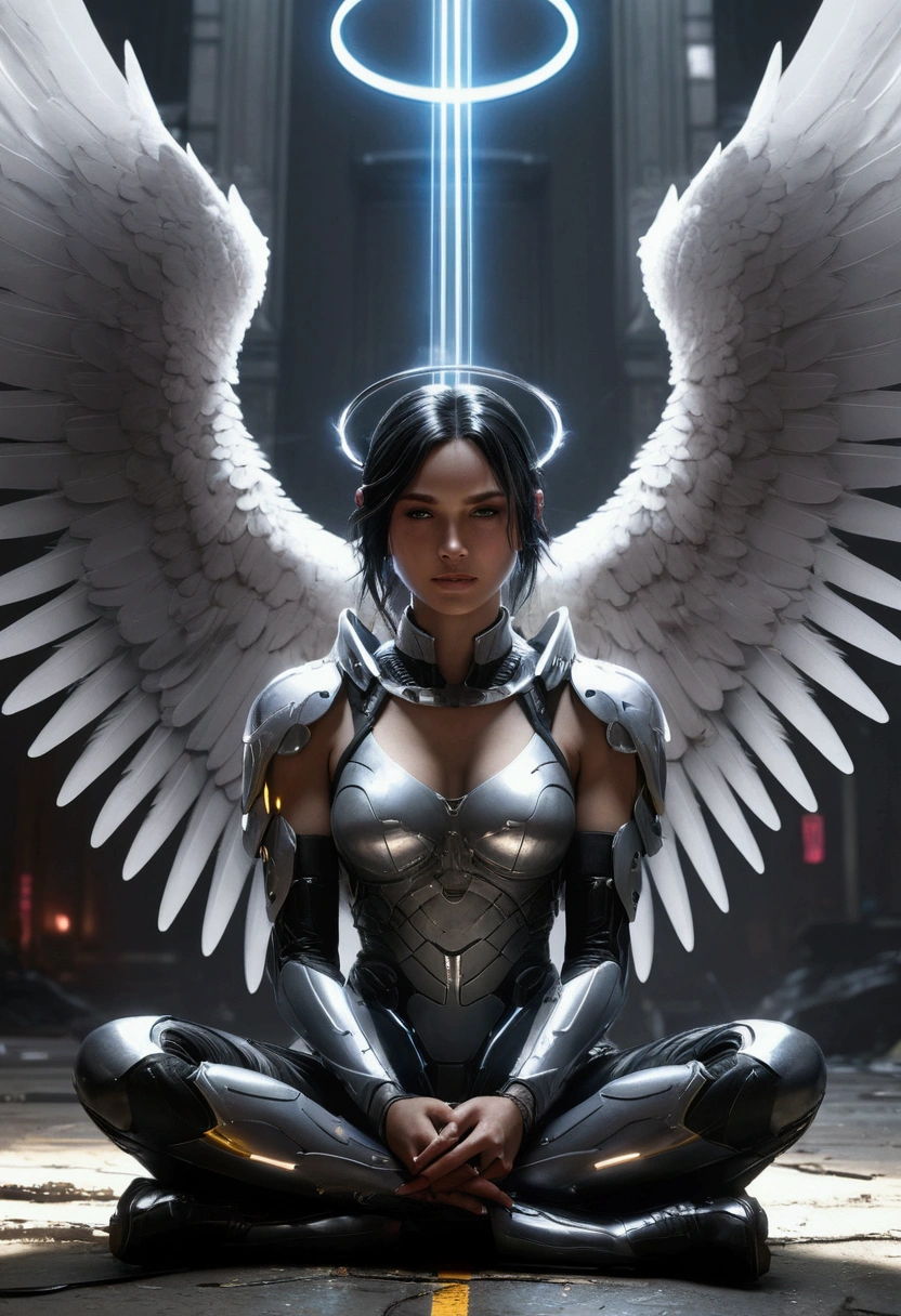 a woman with angel wings sitting on the ground with a halo, cyberpunk art inspired by Raymond Swanland, cgsociety contest winner, fantasy art, angel knight gothic girl, hyperrealistic fantasy art, style of raymond swanland, angel knight girl, art of wlop, beautiful cyborg angel girl, breathtaking fantasy art, epic angel wings, wlop art