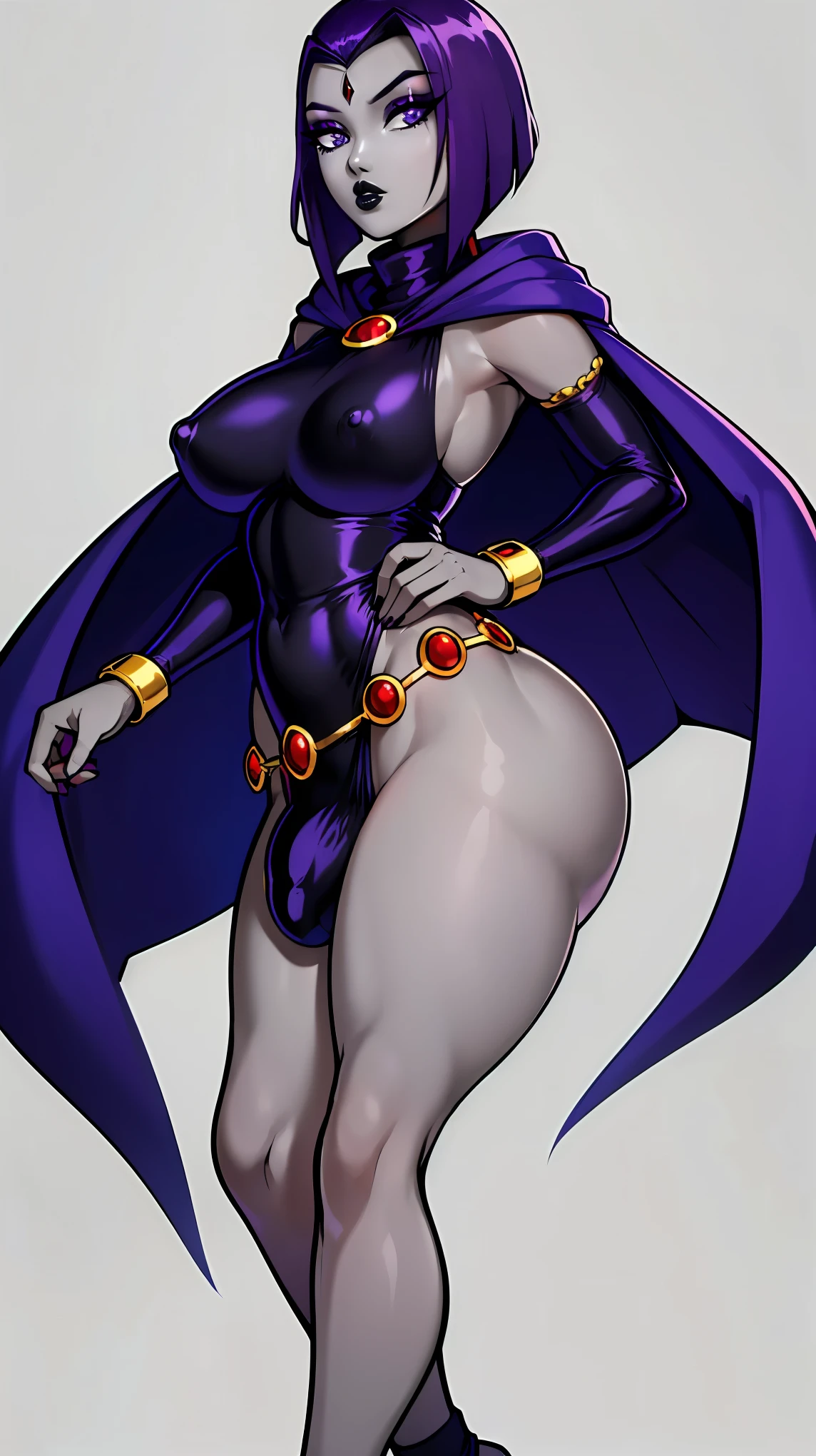 (solo:1.1),(masterpiece), (best quality:1.3), ultra detailed, intricate, professional art, digital art, absurdres, shadraven, (Full body view:1.1), 1girl, solo, (grey skin:1.4), dark purple hair, bob hair, dark purple eyes, hips wider than shoulders, pear shaped body, jewellery, detailed thighs, thick thighs, red jewel in forehead, jewels, (long sleeved turtleneck leotard:1.3), cuffs, small breasts, nipple bulge, (shadraven long cloak), (Shadraven broach:1.2), Shadraven jewel belt, Shadraven wearing a long sleeved leotard, long legs, ( long crotch bulge:1.4), large penis, large testicles, side view, looking at viewer, bubble butt , gluteal crease, universal lighting,,
