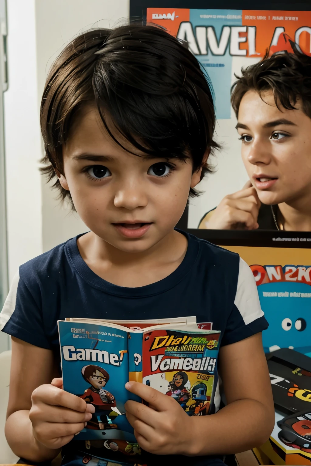 Cartoon of a child reading a magazine in which you can see a gamer PC and the is surprised