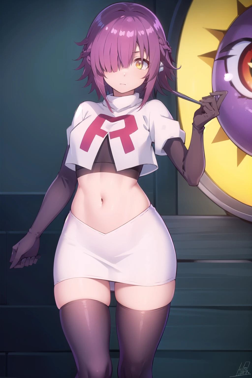 ayanofujimoto, ayano fujimoto, short hair, hair ornament, (yellow eyes:1.3), purple hair, braid, (hair over one eye:1.5),
BREAK team rocket,team rocket uniform,white skirt,red letter R,crop top,black thigh-highs,black elbow gloves,
BREAK looking at viewer,
BREAK (masterpiece:1.2), best quality, high resolution, unity 8k wallpaper, (illustration:0.8), (beautiful detailed eyes:1.6), extremely detailed face, perfect lighting, extremely detailed CG, (perfect hands, perfect anatomy),