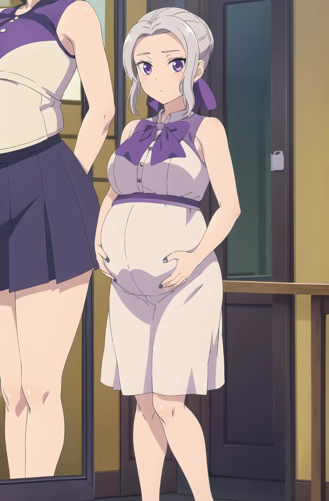 (extremely detailed CG unity 8k wallpaper), (masterpiece), (best quality), (ultra-detailed), (best illustration), (best shadow), (absurdres), 1girl, solo, shino, white hair, 1girl, solo, purple eyes, skirt, looking at viewer, top, dolphin shorts, anime, mirror selfie, holding phone, pregnant belly, huge pregnant, purple nails, belly