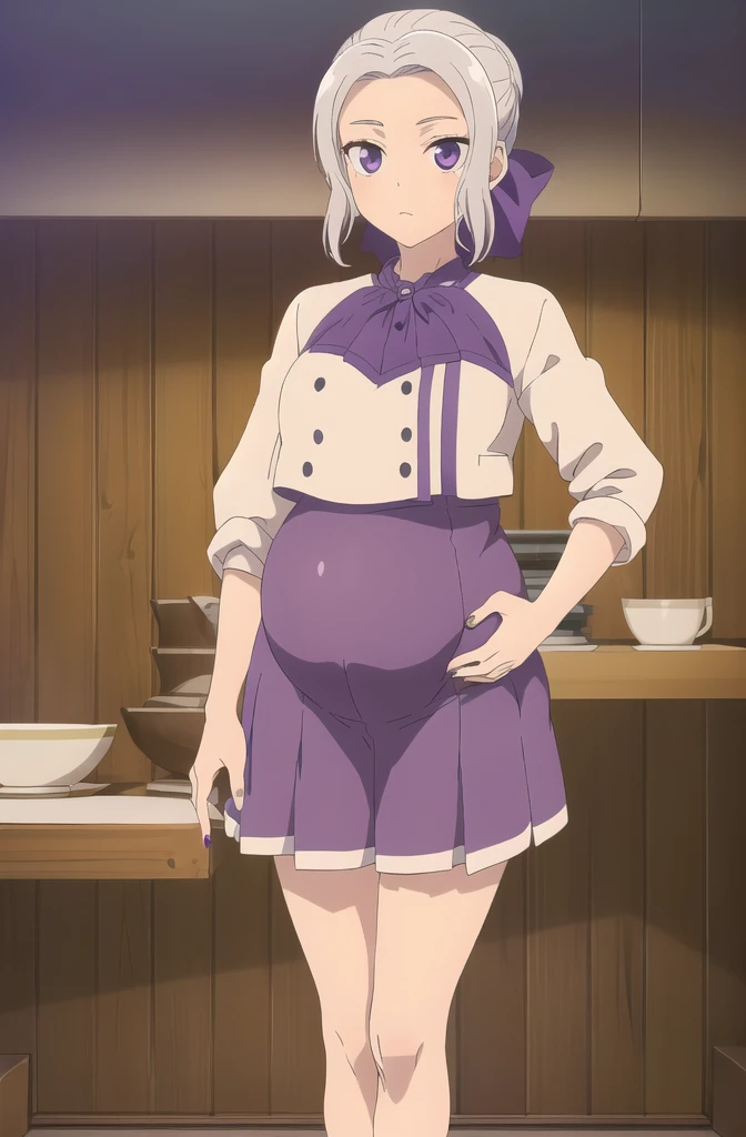 (extremely detailed CG unity 8k wallpaper), (masterpiece), (best quality), (ultra-detailed), (best illustration), (best shadow), (absurdres), 1girl, solo, shino, white hair, 1girl, solo, purple eyes, skirt, looking at viewer, top, dolphin shorts, anime, mirror selfie, holding phone, pregnant belly, huge pregnant, purple nails, belly