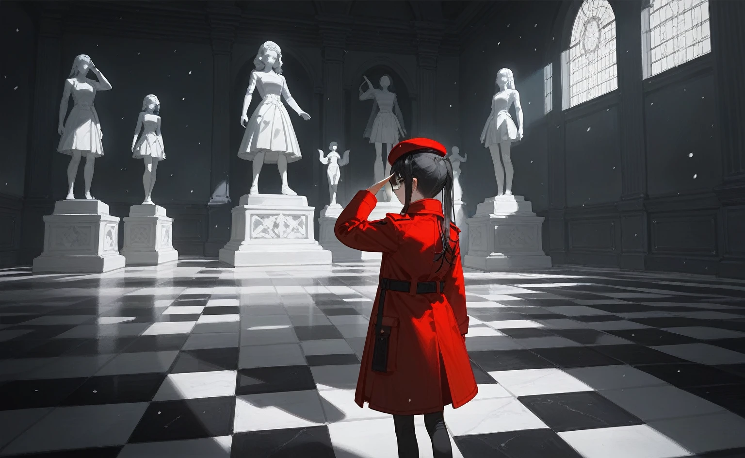 ung girl,Black twin ponytails,Red beret,Red trench coat,(((Black hair))),indoor,Black and white diamond floor tiles,Snowstorm outside,and bloodstains on the floor,White blood-stained statue inside the house,Serious,salute1.3,A room full of statues,Fisheye lens,Beautiful light and shadow,Back