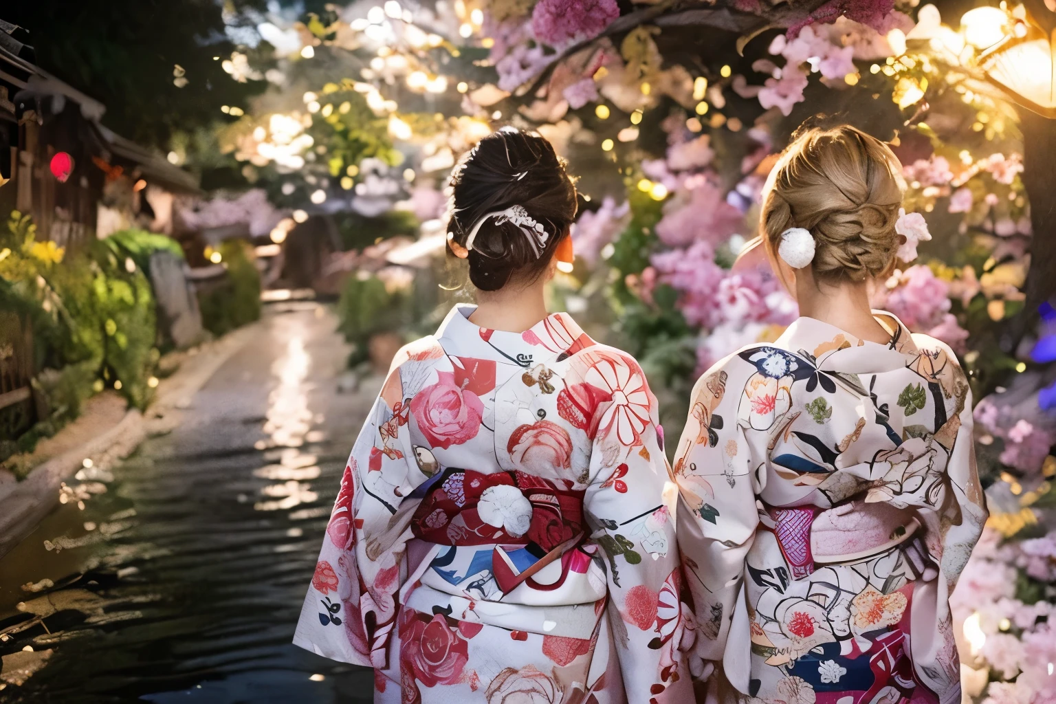 ((Highest quality)), ((masterpiece)), (detailed), (Back view)girl, yukata,yukata,Back view,kimono,Beautiful Hairstyles,backstyle,Hair Arrangement,Upstyle,Blonde,yukata,firework,night,whole,White skin,Japanese women,ピンクのkimono,Pink outfit