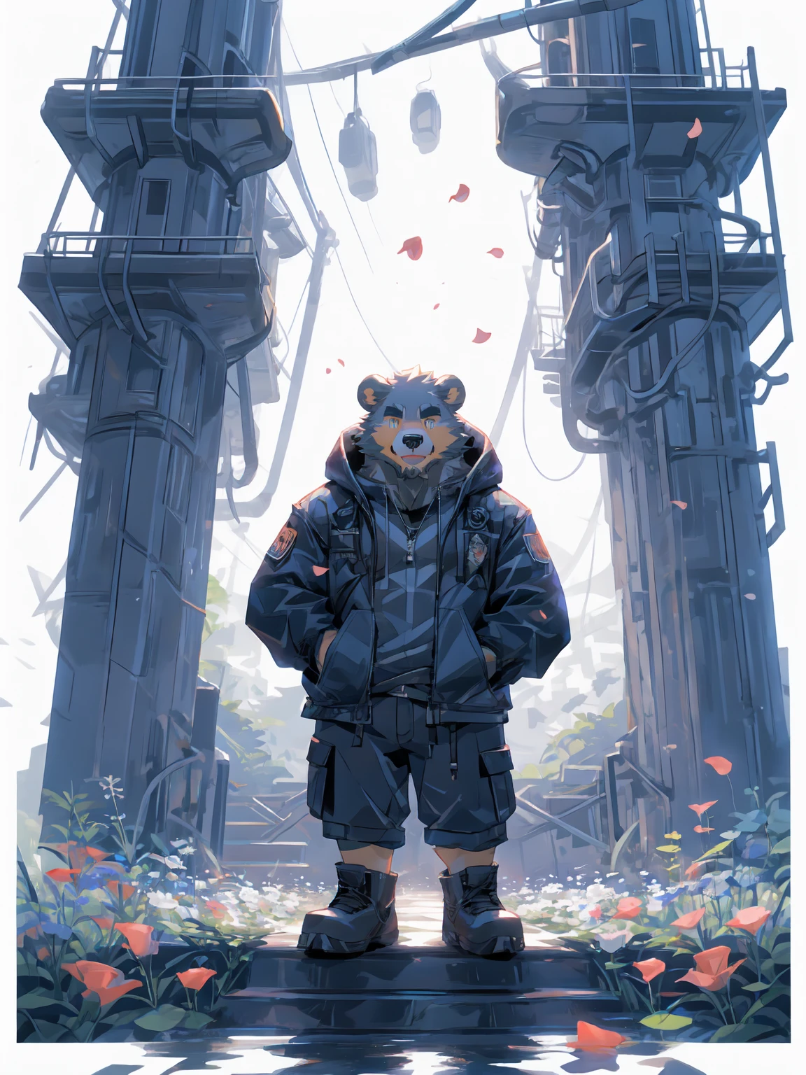 ultra-detailed,extremely detailed and beautiful, sky and white cloud and sunset glow background,ultra-detailed birds, (floating city in bloom, Floating petals, blooming gardens in the sky, many vines on the wall:1.2),Imagination,(masterpiece:1.2), best quality,pixiv,official art,perfect anatomy, (Ray tracing, light),solo, (1_male:1.3) , (muscle), (grey fur:1.4), (muscle bear), (beard:1.2), (gleaming golden eyes), bear tail, full body, Thick black eyebrows, (open short hoodie), (naked inside),cargo shorts, black short boots, (pure white background: 1.3), looking at viewer,dynamic pose, (holding a bouquet:1.3)