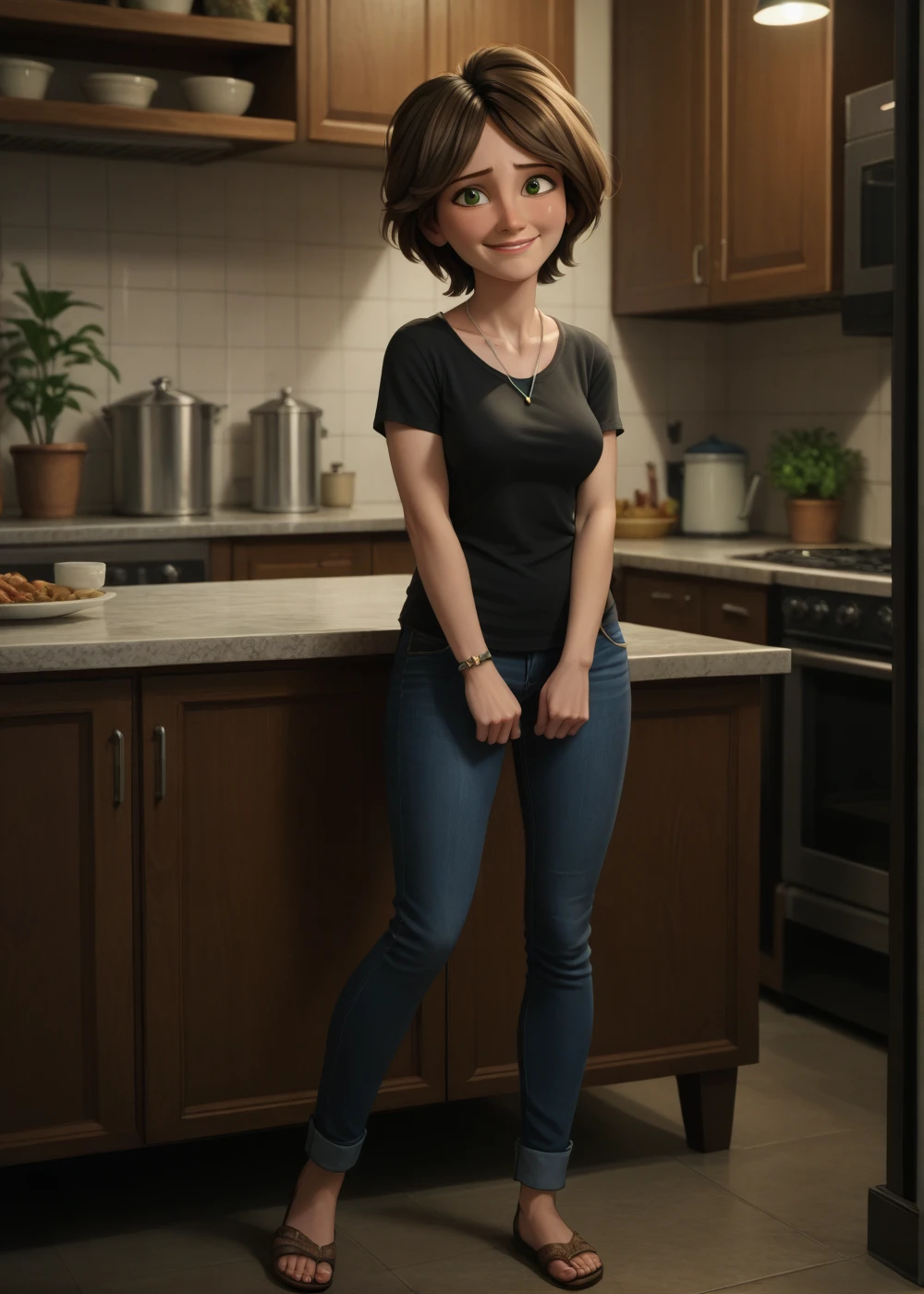 cass,1girl, solo, breasts, smile, short hair, brown hair, shirt, jewelry, green eyes, full body, jeans, short sleeves, indoors, necklace, blurry, black shirt, shy smile, score_9, score_8_up, score_7_up, score_6_up,