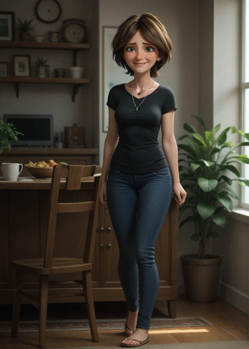 cass,1girl, solo, breasts, smile, short hair, brown hair, shirt, jewelry, green eyes, full body, jeans, short sleeves, indoors, necklace, blurry, black shirt, shy smile, score_9, score_8_up, score_7_up, score_6_up,