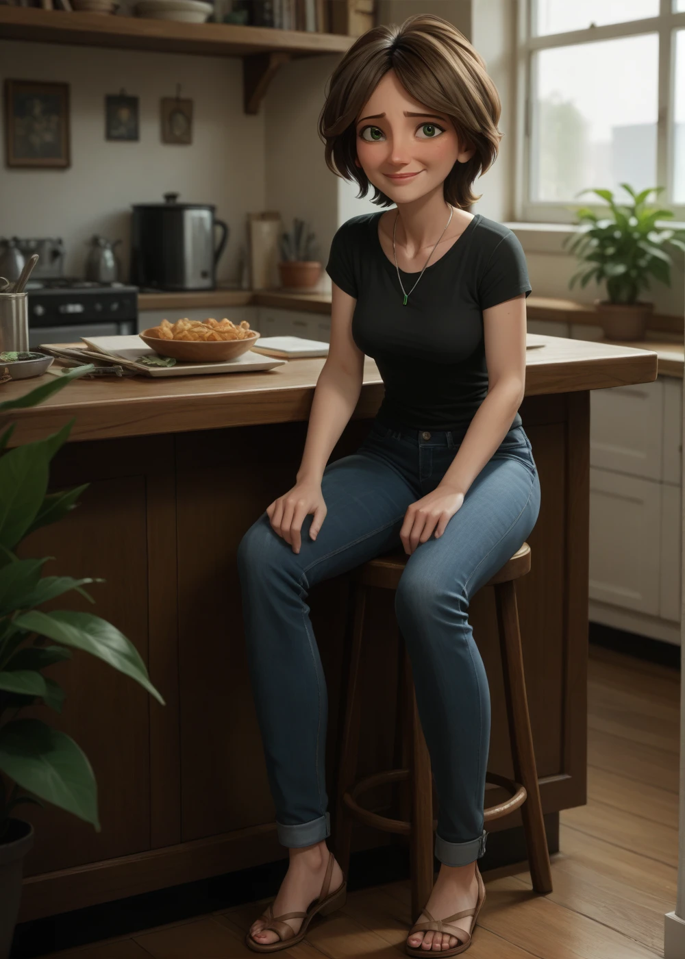 cass,1girl, solo, breasts, smile, short hair, brown hair, shirt, jewelry, green eyes, full body, jeans, short sleeves, indoors, necklace, blurry, black shirt, shy smile, score_9, score_8_up, score_7_up, score_6_up,