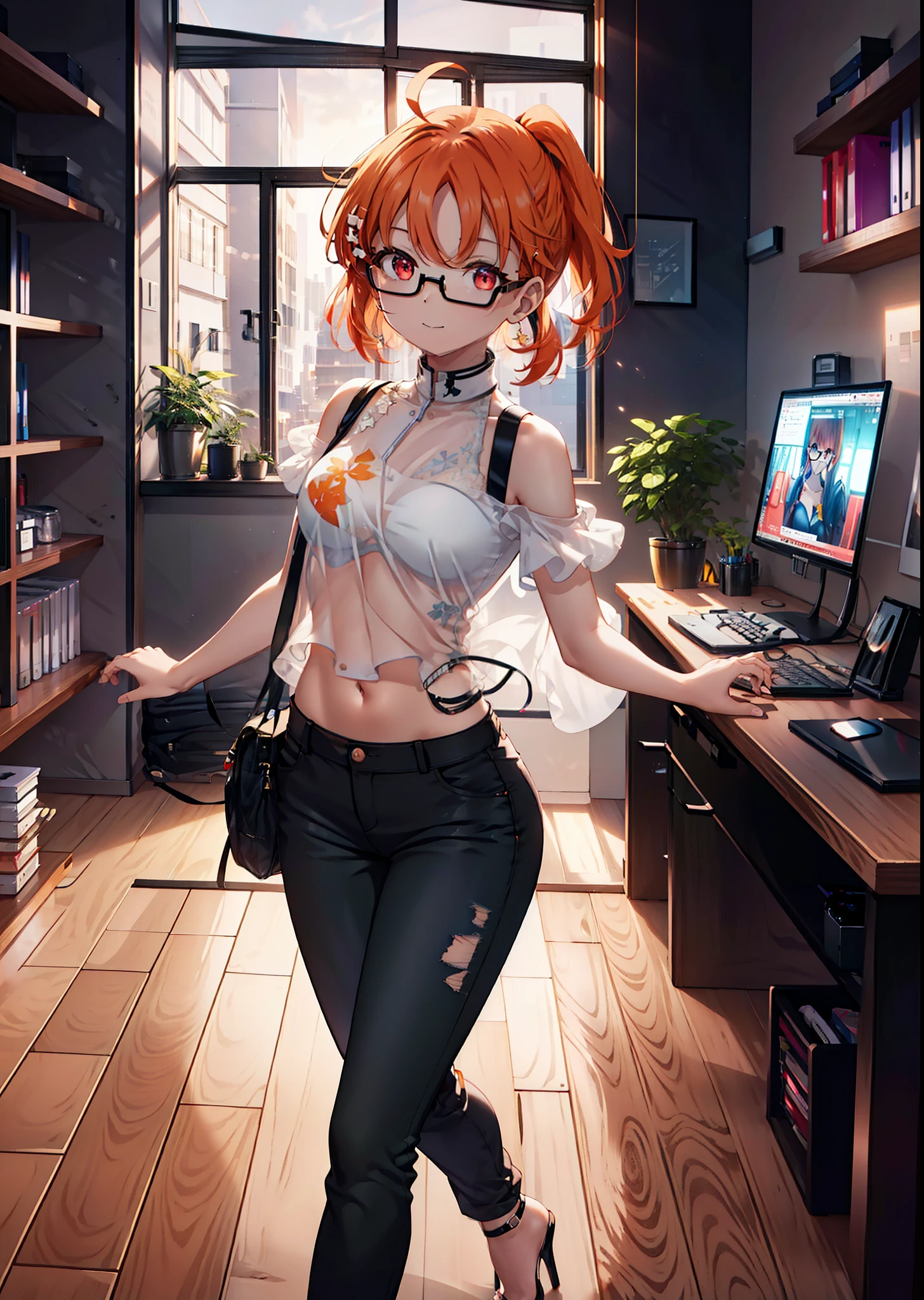 Takahai Chige,Orange Hair,Red eyes,smile,Long Hair,Ahoge,Cold Shoulder Shirt,Short sleeve,skinny pants,Stiletto heels,Black-rimmed glasses,interior,There is a computer on the table,Walking,whole bodyがイラストに入るように,Daytime,Clear skies, break indoors, office, break looking at viewer, whole body, break (masterpiece:1.2), Highest quality, High resolution, unity 8k wallpaper, (shape:0.8), (Beautiful attention to detail:1.6), Highly detailed face, Perfect lighting, Extremely detailed CG, (Perfect hands, Perfect Anatomy),