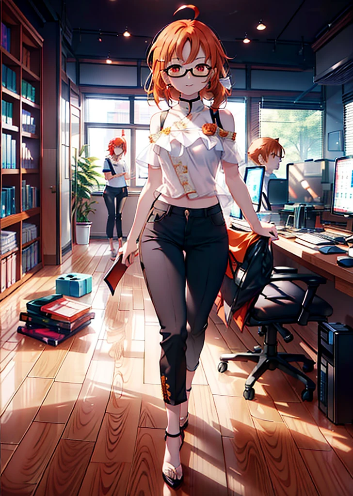 Takahai Chige,Orange Hair,Red eyes,smile,Long Hair,Ahoge,Cold Shoulder Shirt,Short sleeve,skinny pants,Stiletto heels,Black-rimmed glasses,interior,There is a computer on the table,Walking,whole bodyがイラストに入るように,Daytime,Clear skies,　　　　 　　　　　　　　　　　　break indoors, office, 　　　　　　　　　　　break looking at viewer, whole body, 　　　　　　　　break (masterpiece:1.2), Highest quality, High resolution, unity 8k wallpaper, (shape:0.8), (Beautiful attention to detail:1.6), Highly detailed face, Perfect lighting, Extremely detailed CG, (Perfect hands, Perfect Anatomy),