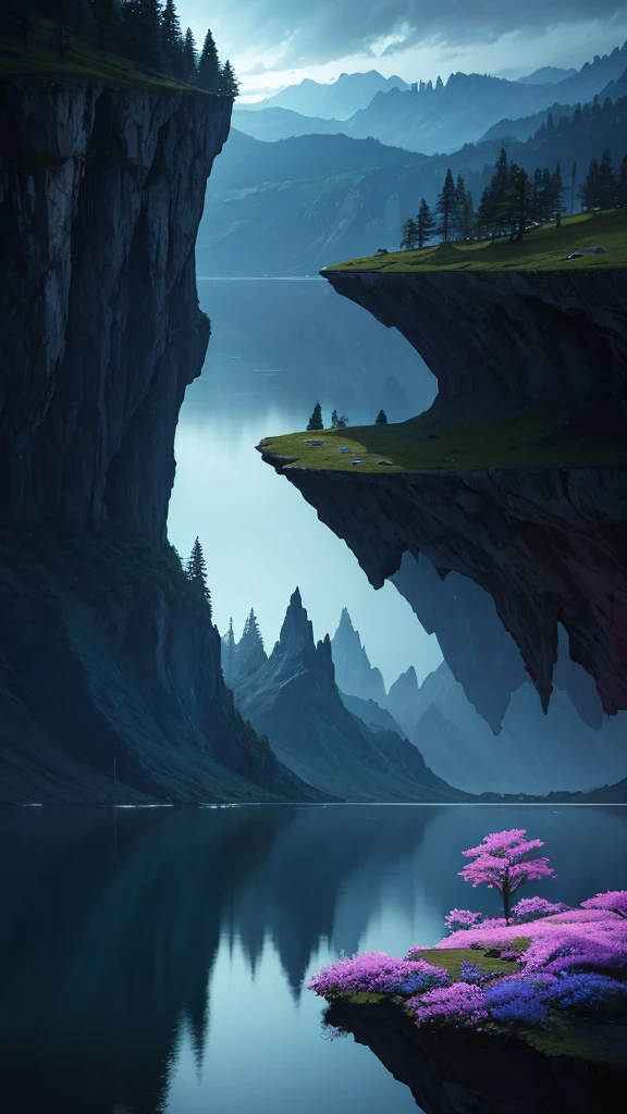 Photographs that capture the essence of a magical dream world. An epic cliff,Hanging over a beautiful lake, Surreal and vivid colors illuminate its reflection. The atmosphere is otherworldly, The soft night light casts a flowing shadow. The image creates a sense of depth and mystery, It's as if the audience is taken into another dimension., Create beautiful and memorable work. Shot with Canon EosIII Zeiss 120mm wide angle lens
