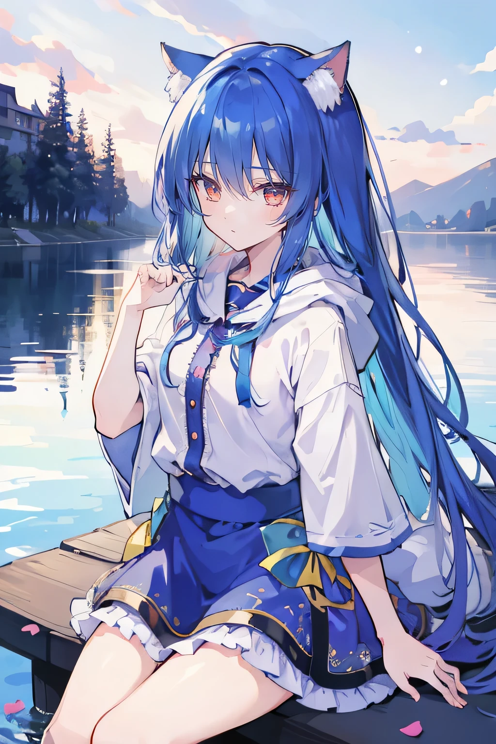 (masterpiece:1.2),Super detailed,lifelike,Expressive eyes,fair skin,perfect face shape,1 girl,
Japanese comics,Gorgeous blue hair,flowing blue hair,flowing clothes,Cat ears,Petals fall,beautiful lola,Baby Angel,
Shaking head with one hand,Cross your legs,smile, wearing hoodie, ,back views,snowing, winter,lie on the water,City Street Scene,winter。