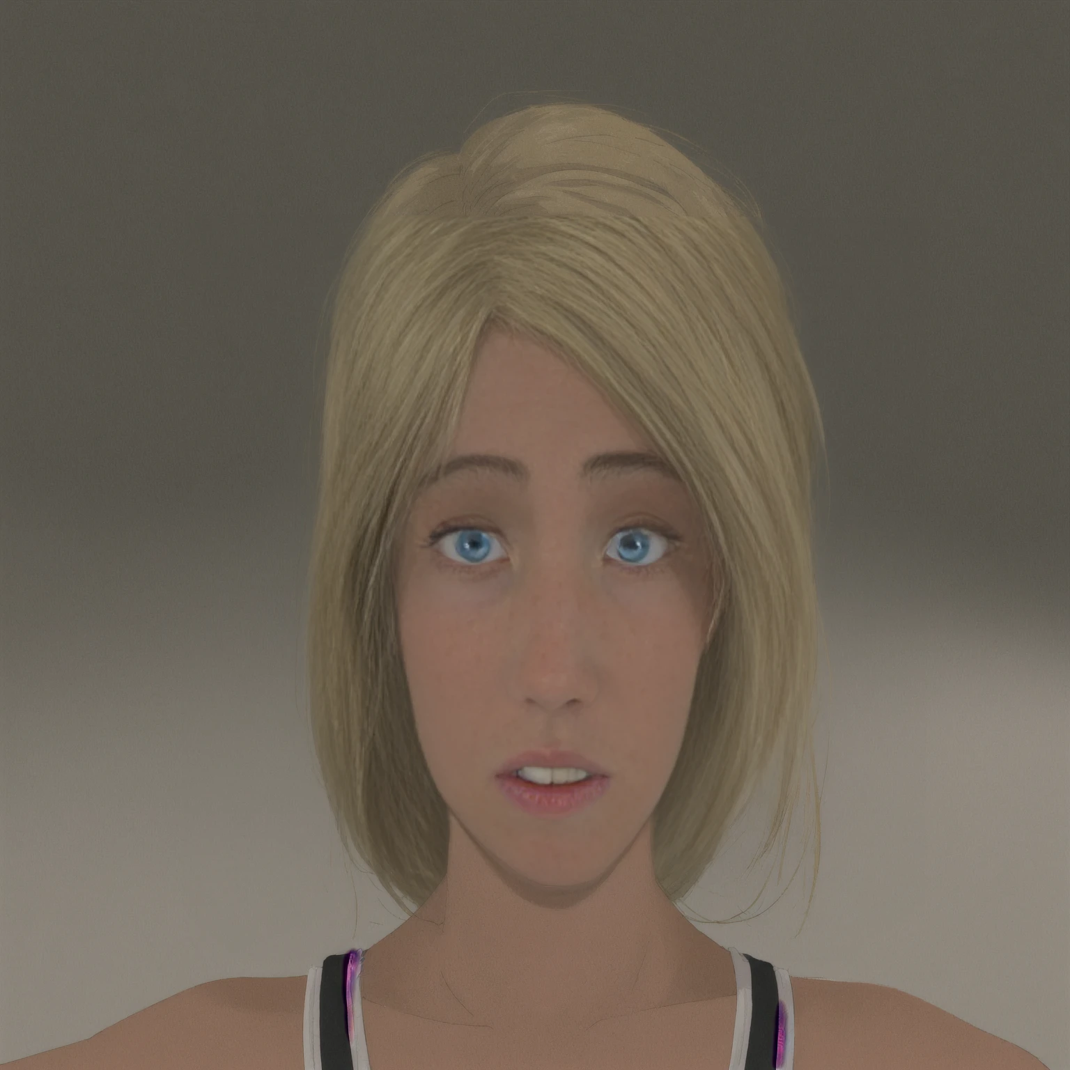 Beautiful blond haired blue eyed female with a worried expression. Simple background.