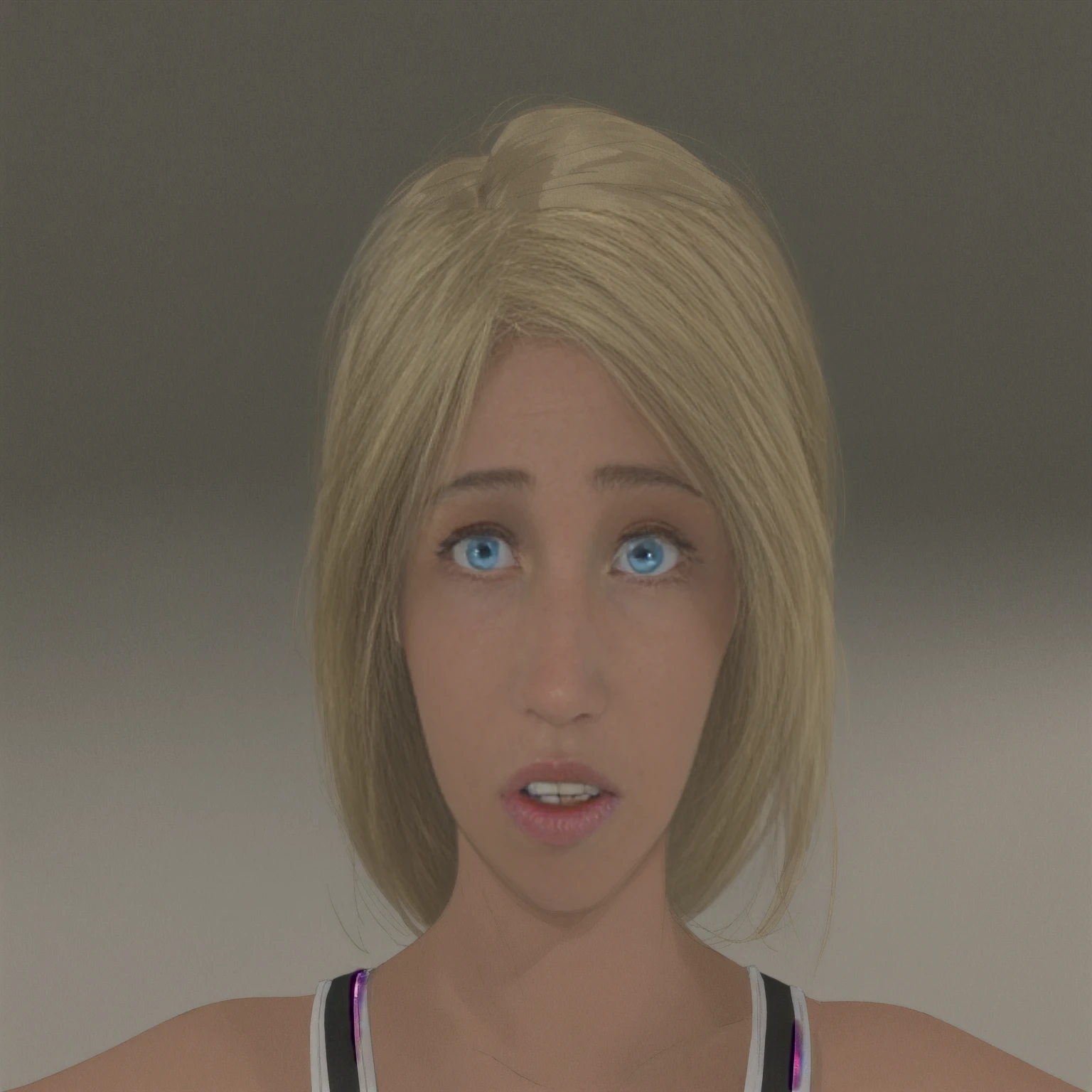 Beautiful blond haired blue eyed female with a worried expression. Simple background.