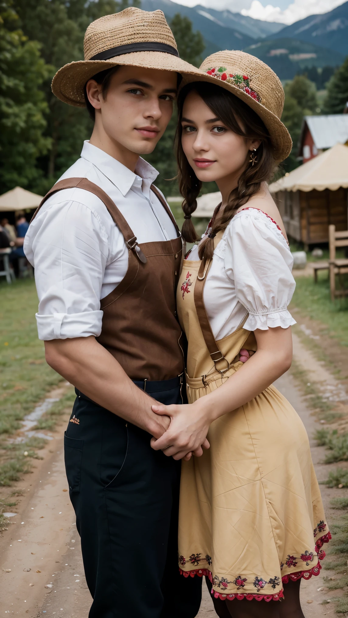 front view, 1 boy and 1 girl is exist, couple hug, each other hold hands , face to face, (1 man are dressed in Lederhosen, which are short knit pants with suspenders, often decorated with embroidery:1.3), 1 girl is 20 years-old, (brown hair ,double braid, smile), (2 people is Tyrol hat with edelweiss:1.3), slime body, traditional German costumes from the 1930s. (The women are wearing embroidered Dirndls, which include a close-fitting bodice with a low neckline, a blouse worn under the bodice), (Black wide high-waisted knit skirt, An ankle-length skirt ), (White apron, flower arrange embroidered apron), traditional shoes, The setting is a rural village during a festival, with people engaging in traditional activities and celebrating their heritage , textured skin , HI detailed skin, (foreshortening, Canon, 8K, anatomically correct, super detail, high details, highness)