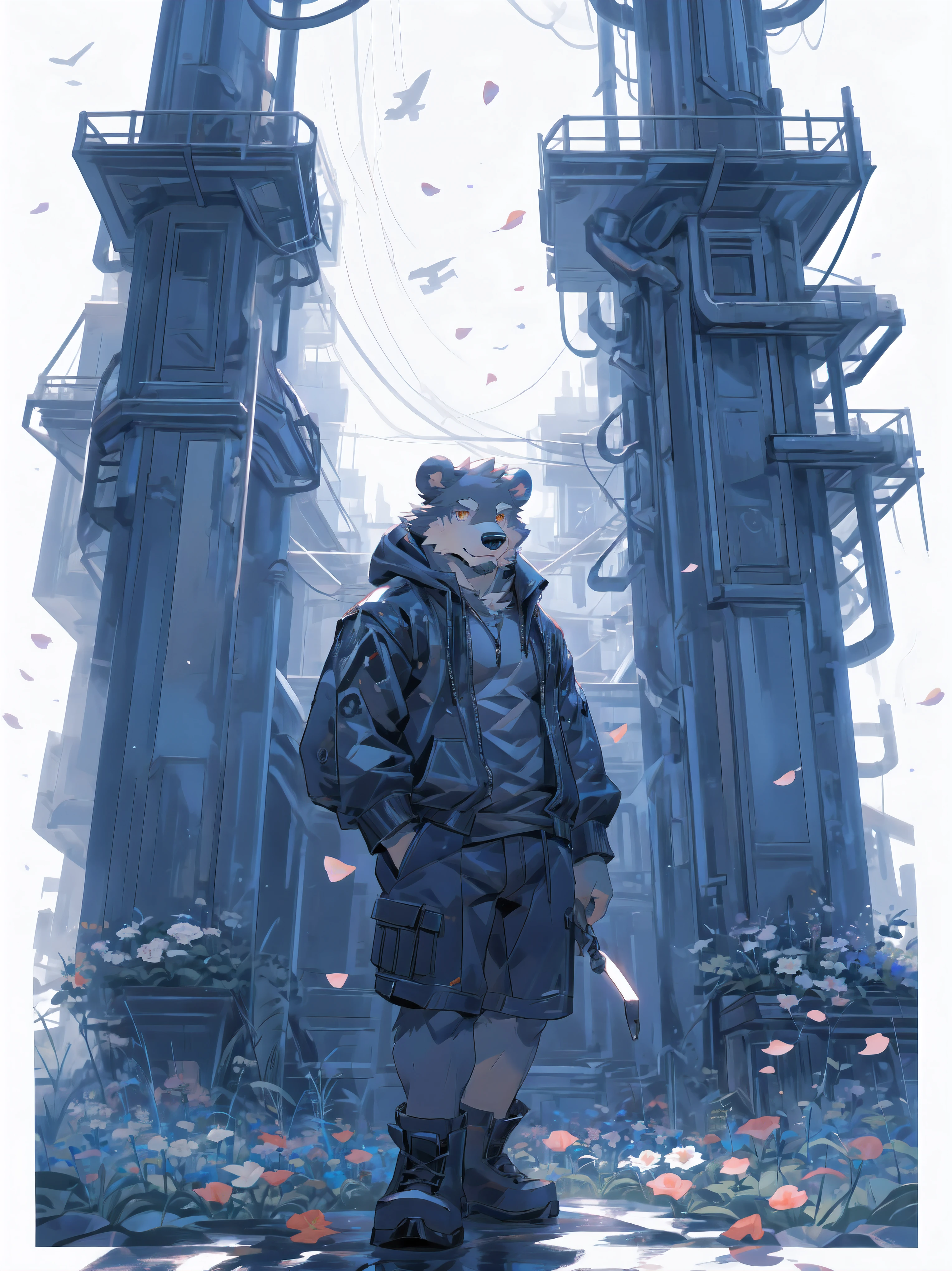 ultra-detailed,extremely detailed and beautiful, sky and white cloud and sunset glow background,ultra-detailed birds, (floating city in bloom, Floating petals, blooming gardens in the sky, many vines on the wall:1.2),Imagination,(masterpiece:1.2), best quality,pixiv,official art,perfect anatomy, (Ray tracing, light),solo, (1_male:1.3) , (muscle), (grey fur:1.4), (muscle bear), (beard:1.2), (gleaming golden eyes), bear tail, full body, Thick black eyebrows, (open short hoodie), (naked inside),cargo shorts, black short boots, (pure white background: 1.3), looking at viewer,dynamic pose, (holding a bouquet:1.3)