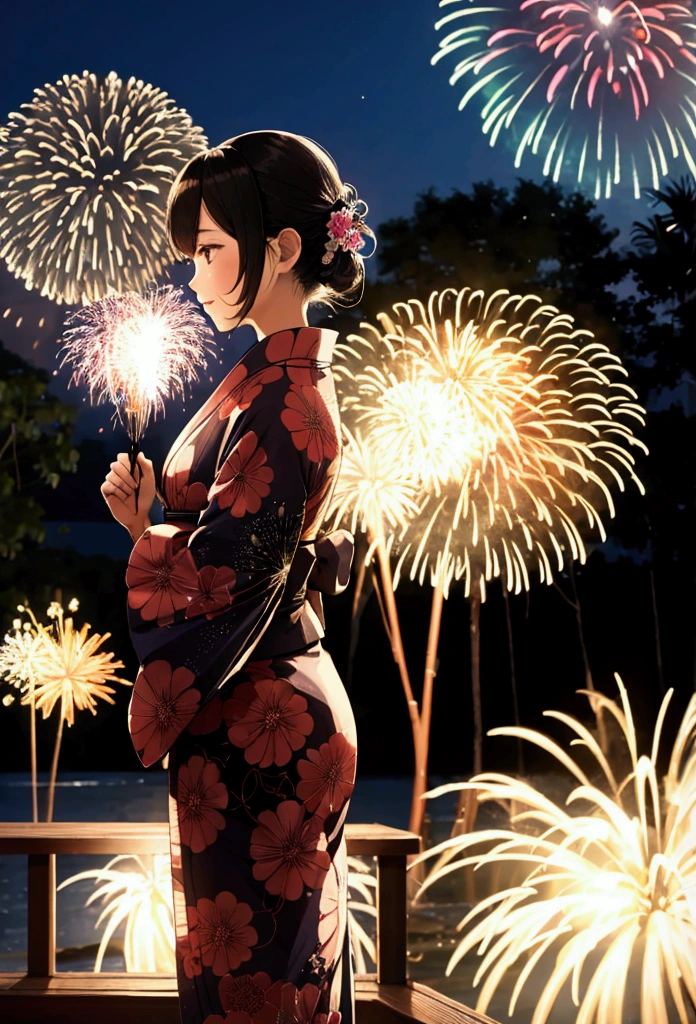 silhouette、yukata、firework、night
