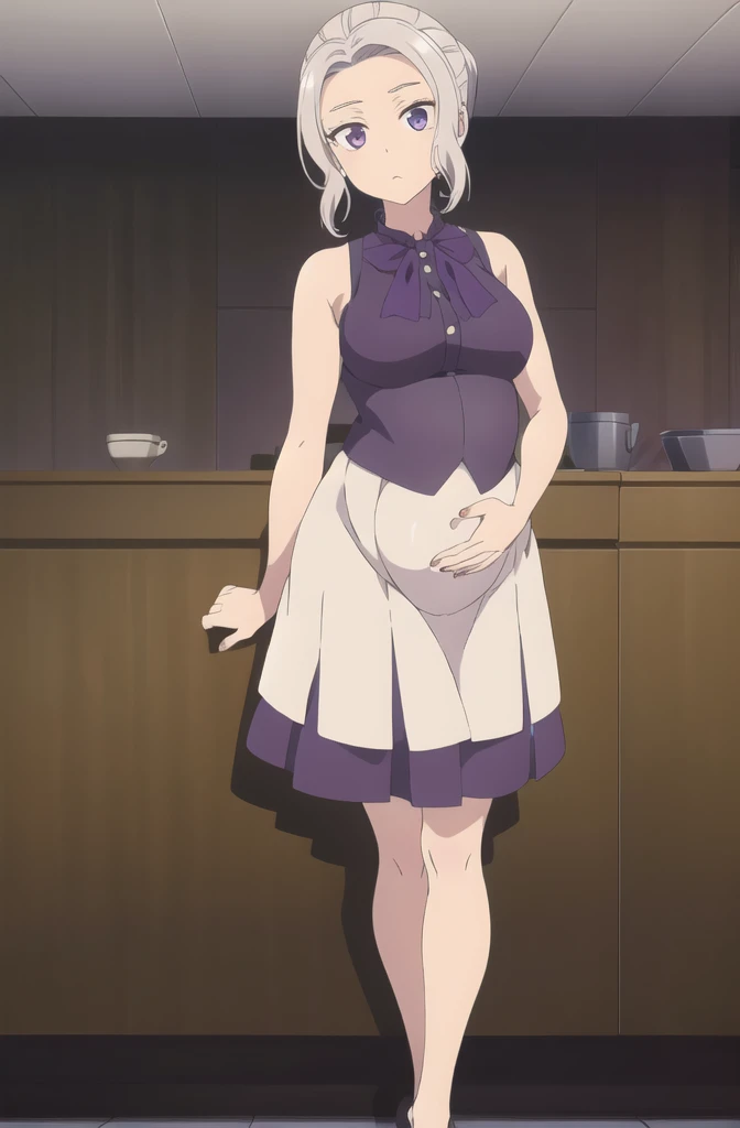 (extremely detailed CG unity 8k wallpaper), (masterpiece), (best quality), (ultra-detailed), (best illustration), (best shadow), (absurdres), 1girl, solo, shino, white hair, 1girl, solo, purple eyes, skirt, looking at viewer, top, mini skirt, shorts, anime, mirror selfie, holding phone, pregnant belly, huge pregnant, purple nails, belly
