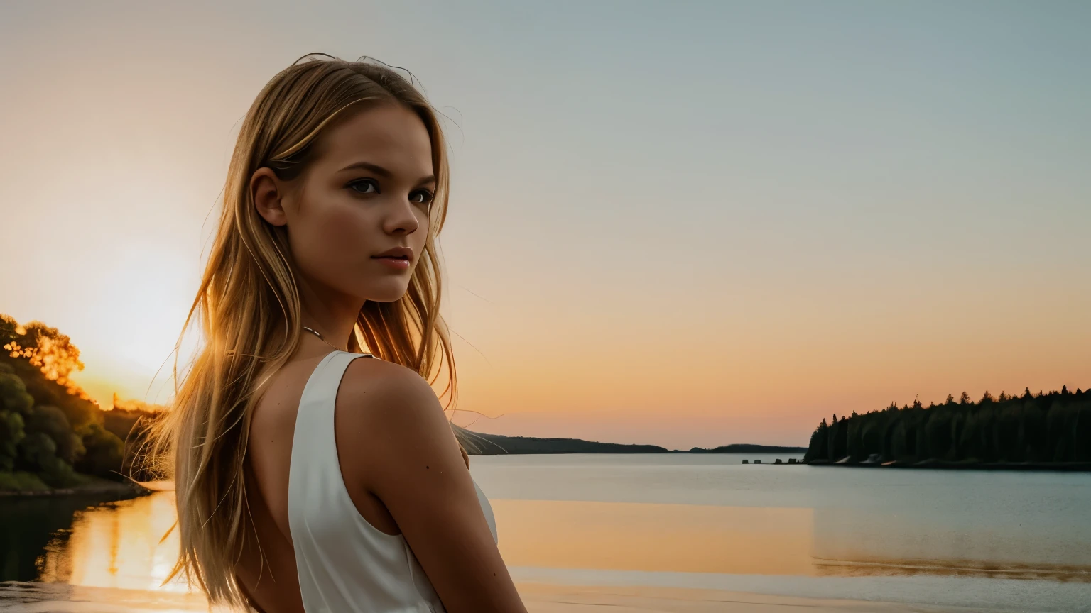 1girl watching the sky , gabriella wilde, 25 years old, SHORT DRESS, FREE HAIR, sunser, hands behind the back, lake background, huge meteor in the sky, closeup, close-up, BREAK,