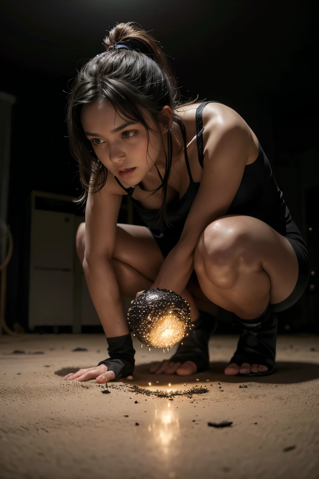 Imagine a woman in a room full of dangers, suddenly, the ground begins to glow and small black balls begin to emerge, growing rapidly and moving towards it. The woman tries to flee, but the microbeads surround it and begin to absorb it.