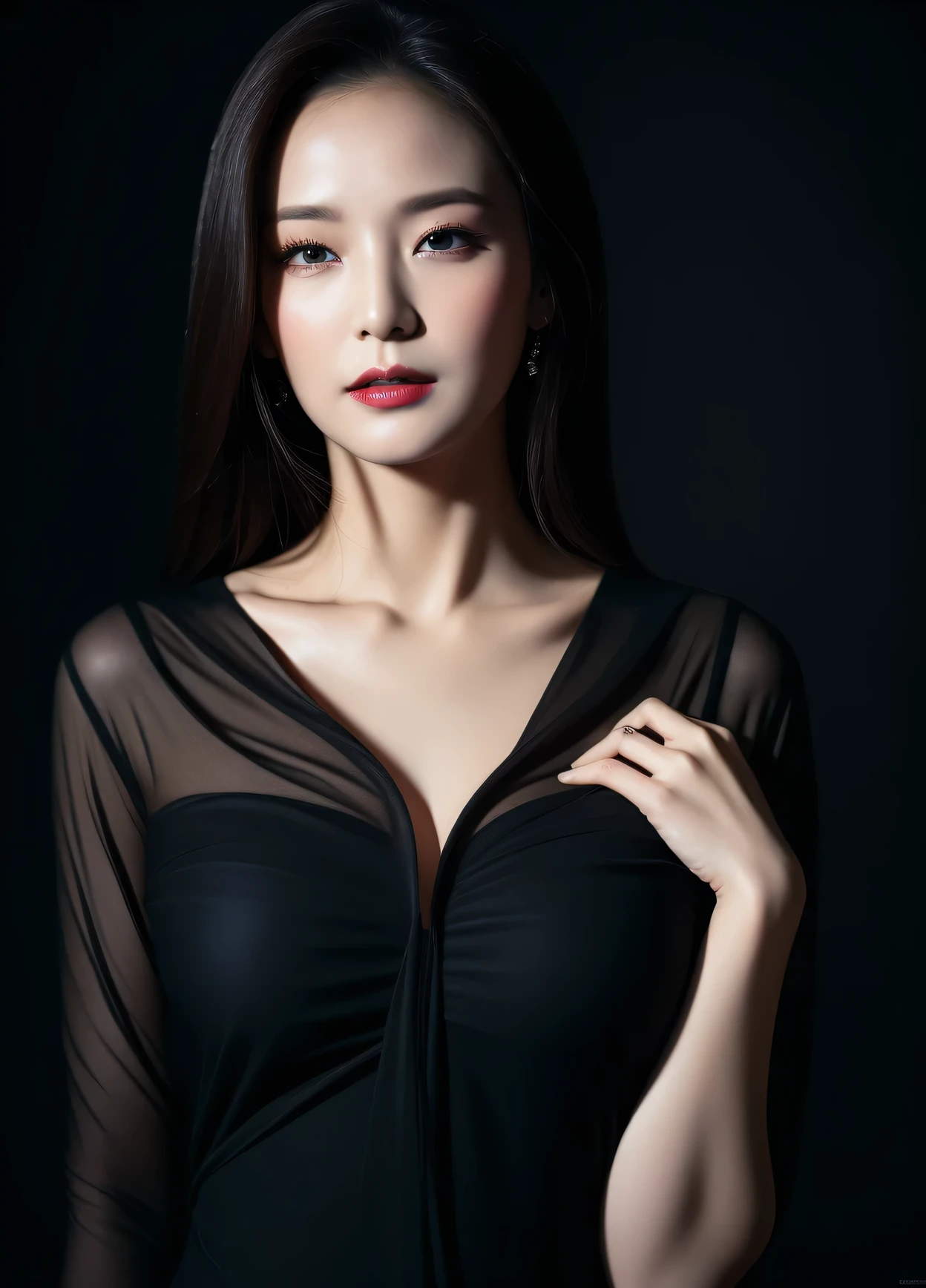 masterpiece,best quality, (one lady), ((portrait:1.5)), makeup, elegant black shirt, lewd, erotic, touch own chest, ((seduction expression)), ,background black