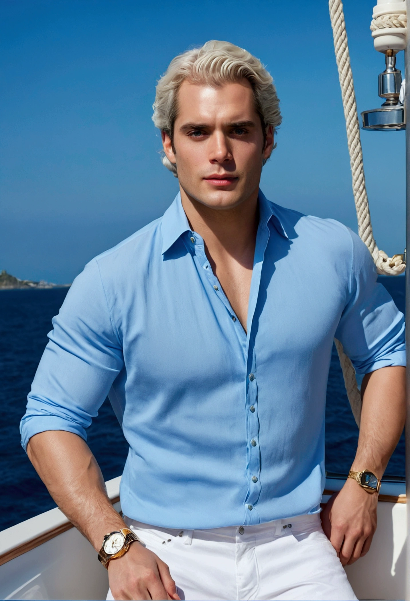 Highest quality, masterpiece, Ultra-high resolution, (Realistic: 1.4), Original photo, face should look like Henry Cavill but not exactly same, young Henry Cavill, white hair style, light blue eyes wallpaper, dressing like a royal, clothes.  Blue clothes white underneath, Head Photo, skin,  Background is partying in a yacht, Iris, detailed, Selfie, 1 boy, 18-year-old, good looking, Wind, Henry is sitting in a yacht looking at the viewer, their is partying an dancing going on behind him , girls dancing , golden watch in his hands , looks pure hyper realistic , looks hyper aesthetic with hyper aesthetic clothes and style