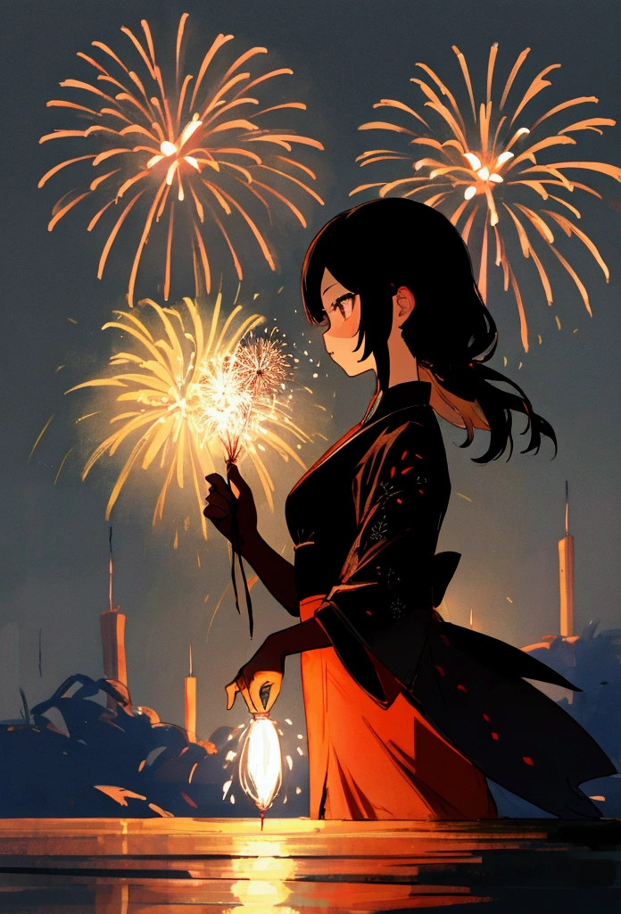 silhouette、night、firework