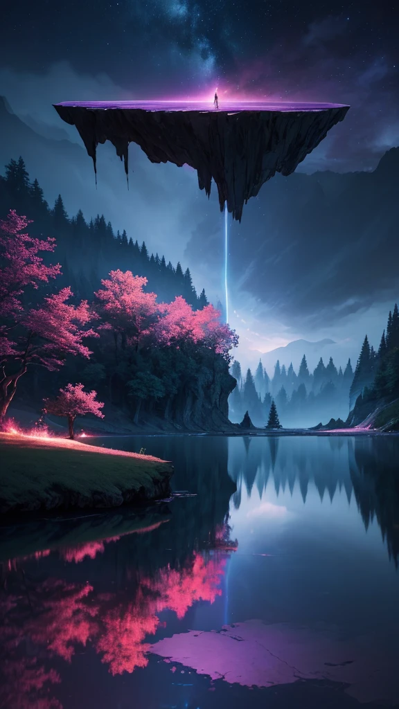 Photographs that capture the essence of a magical dream world. An epic cliff,Hanging over a beautiful lake, Surreal and vivid colors illuminate its reflection. The atmosphere is otherworldly, The soft night light casts a flowing shadow. The image creates a sense of depth and mystery, It's as if the audience is taken into another dimension., Create beautiful and memorable work. Shot with Canon EosIII Zeiss 120mm wide angle lens