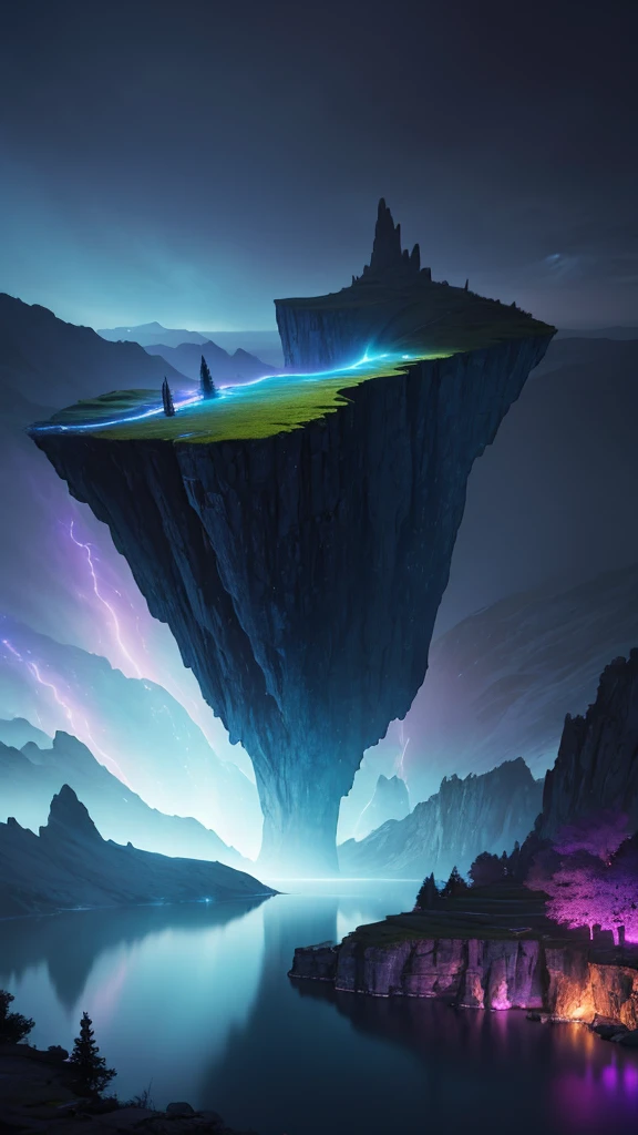 Photographs that capture the essence of a magical dream world. An epic cliff,Hanging over a beautiful lake, Surreal and vivid colors illuminate its reflection. The atmosphere is otherworldly, The soft night light casts a flowing shadow. The image creates a sense of depth and mystery, It's as if the audience is taken into another dimension., Create beautiful and memorable work. Shot with Canon EosIII Zeiss 120mm wide angle lens