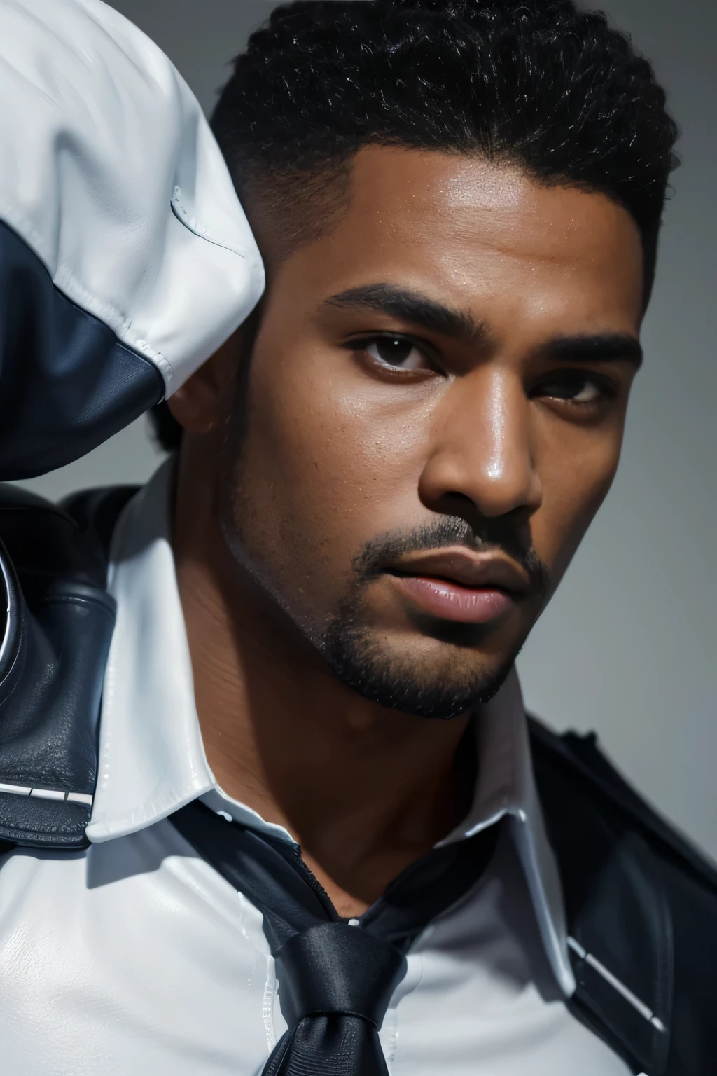 Wallpaper, hombre Muy handsome, afroamericano , strong and manly, with muscles and stocky, eyes , in a detailed tight-fitting white and blue leather police uniform with tie, police badges, strong and muscular legs, big lump, Lovely eyes, sexy, handsome, eyes, sexy, close up, with short beard, cor weapon on the side of the leg ultra realistic, Conceptual art, intricate details, Very detailed, photorealistic, Octane rendering, 8k, sharp focus 40years con emblemas de policía