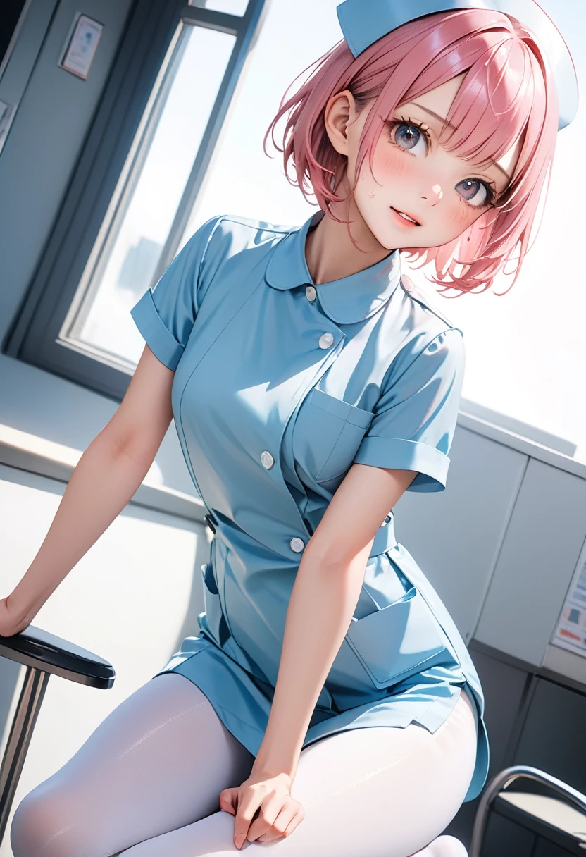 ((Nurse uniform, stockings:1.3)), skinny, alone, 1 female, masterpiece, Highest quality, Highest quality, 16K, Unbelievably absurd, Very detailed, 2.5D, AI-generated, delicate and dynamic, Very delicate look, Delicate eye depiction, erotic, only sexy woman, ((Cute and gentle face)), Healthy body shape, ((25-year-old woman)), Height: 160cm, Medium firmness and swaying bust,, (short hair), (Pink Hair:1.5), Bobcut, Pink Eyes, (Blushing:1.3),sexy, ((Thin legs)), (Erect nipples), Shiny,  (In the heat), ((Oily_skin)),  (Sitting on a chair、She opens her legs and shows her panties under her skirt:1.7)Naughty smile、(Open your collar wide、I can see the boobs:1.5)、Expressions of ecstasy