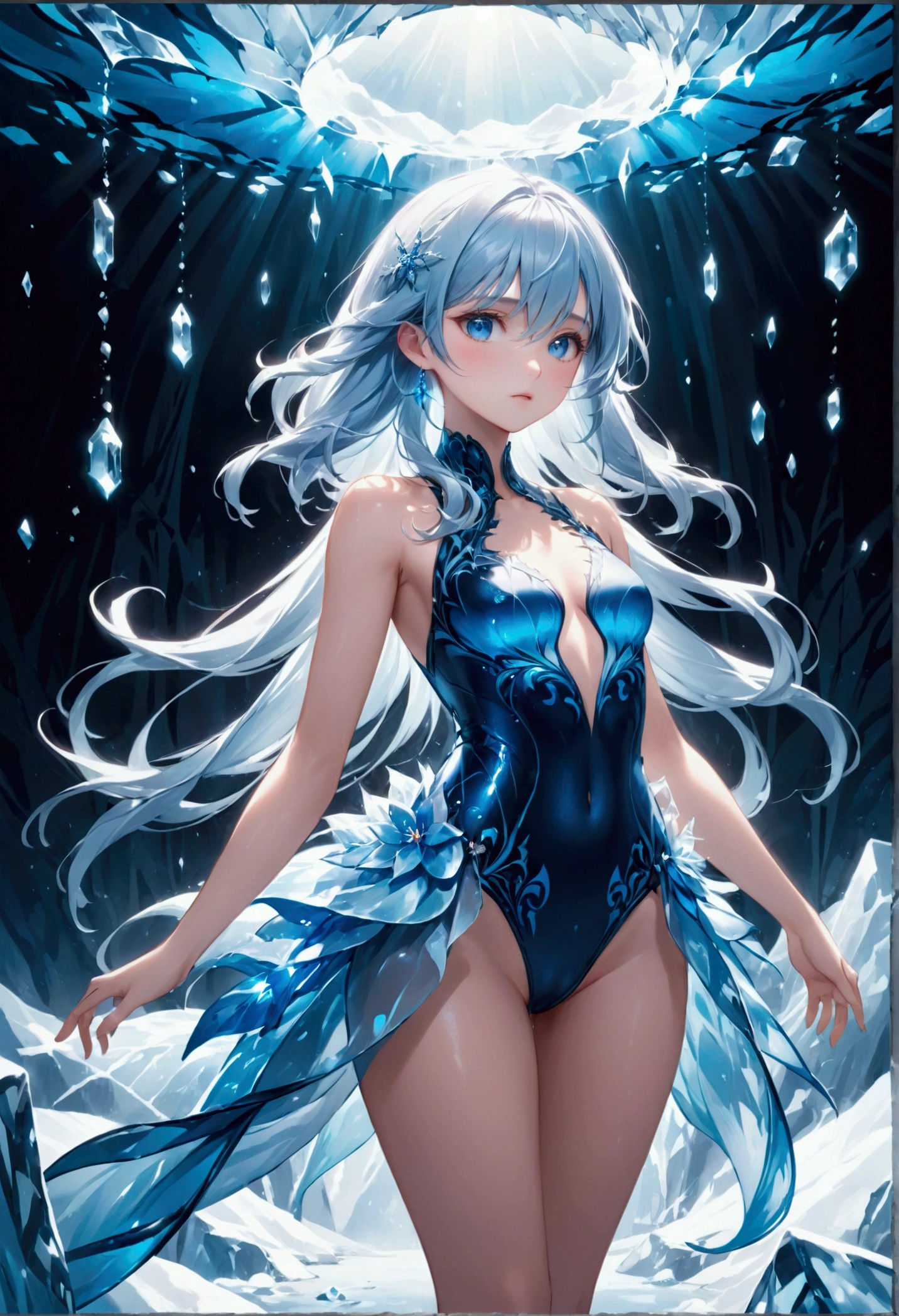 Eyes:icy blue color.Hair:long icy blue. Body Type:slim and . 8k, best quality, high resolution. 