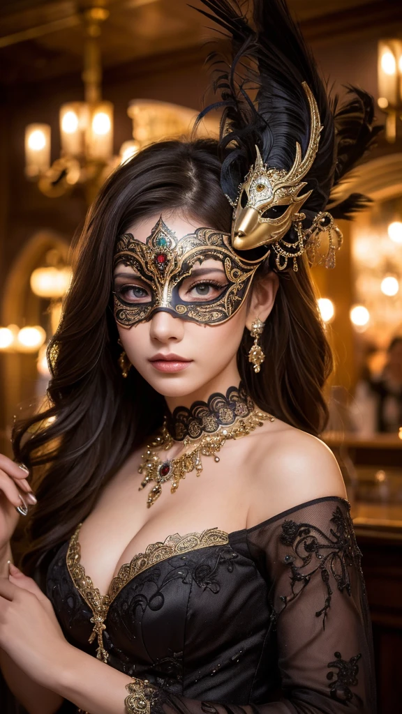 (woman in a masquerade party,elegant venetian mask,intricate costume,beautiful detailed eyes,beautiful detailed lips,extremely detailed face,highly detailed mask,moody bar interior,chiaroscuro lighting,dramatic shadows,cinematic,4k,8k,highres,masterpiece:1.2,ultra-detailed,realistic,photorealistic:1.37,rich colors,refined color palette,captivating)