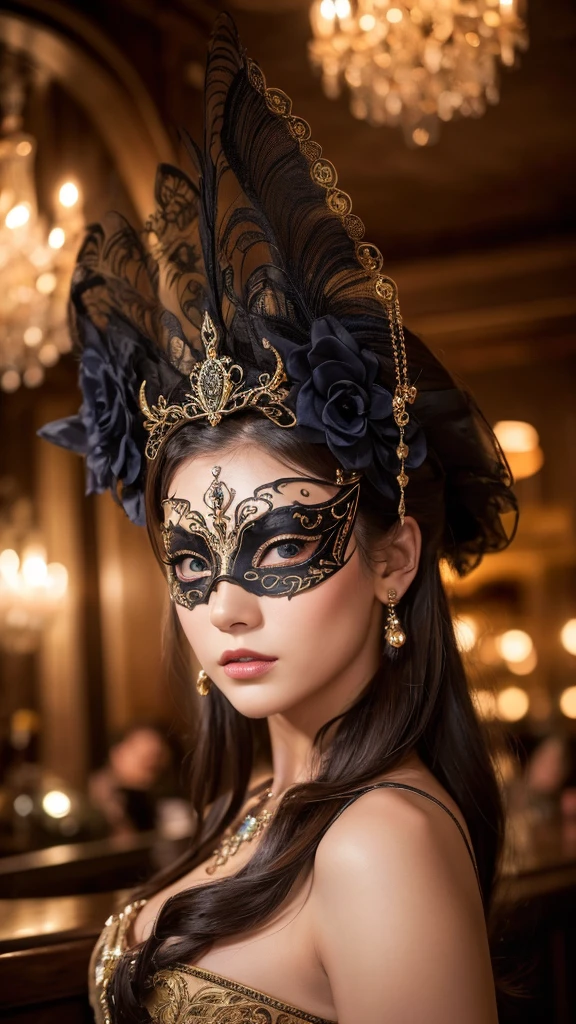 (woman in a masquerade party,elegant venetian mask,intricate costume,beautiful detailed eyes,beautiful detailed lips,extremely detailed face,highly detailed mask,moody bar interior,chiaroscuro lighting,dramatic shadows,cinematic,4k,8k,highres,masterpiece:1.2,ultra-detailed,realistic,photorealistic:1.37,rich colors,refined color palette,captivating)