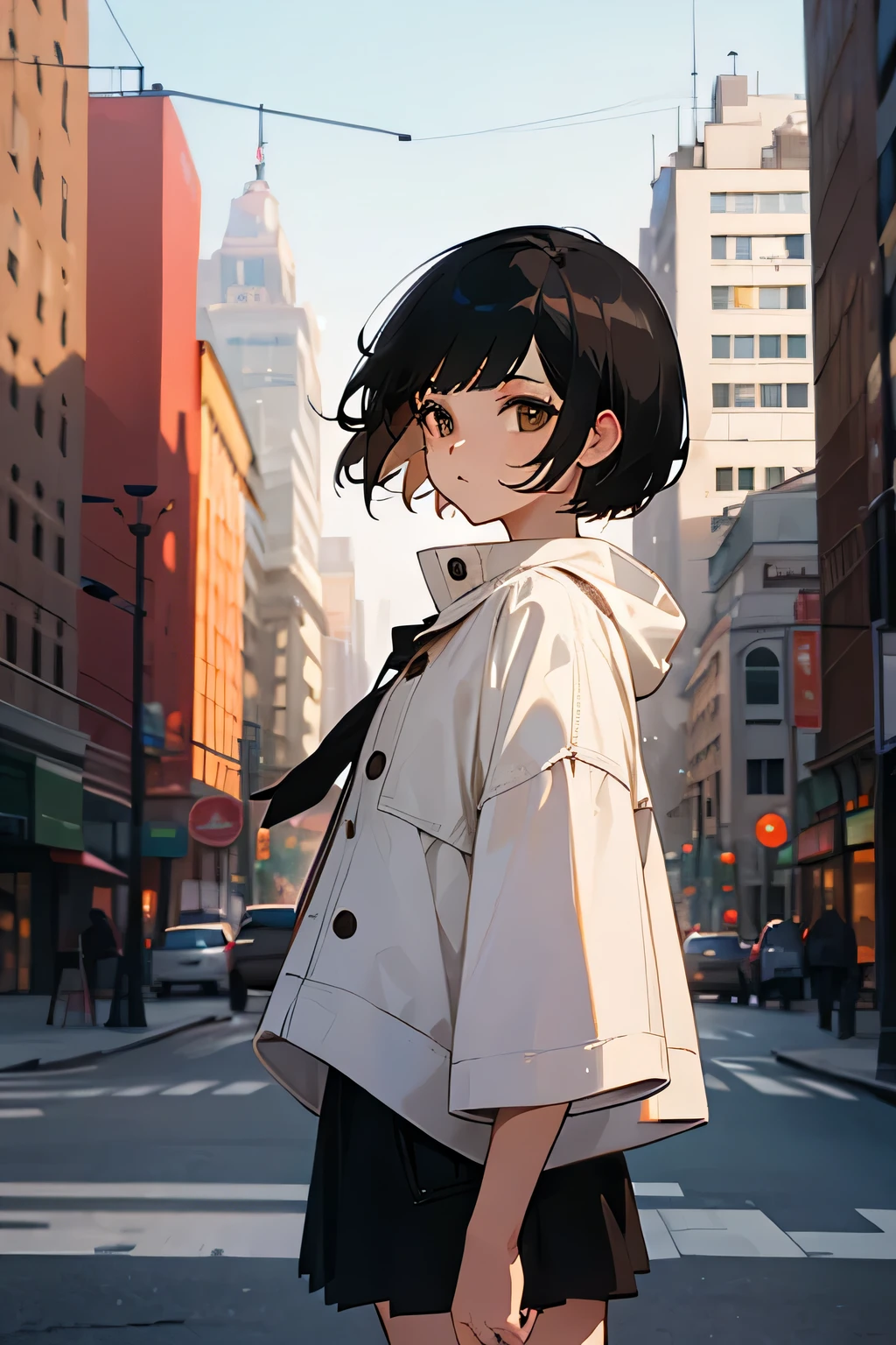 a white girl with short black hair and brown eyes in a city background.