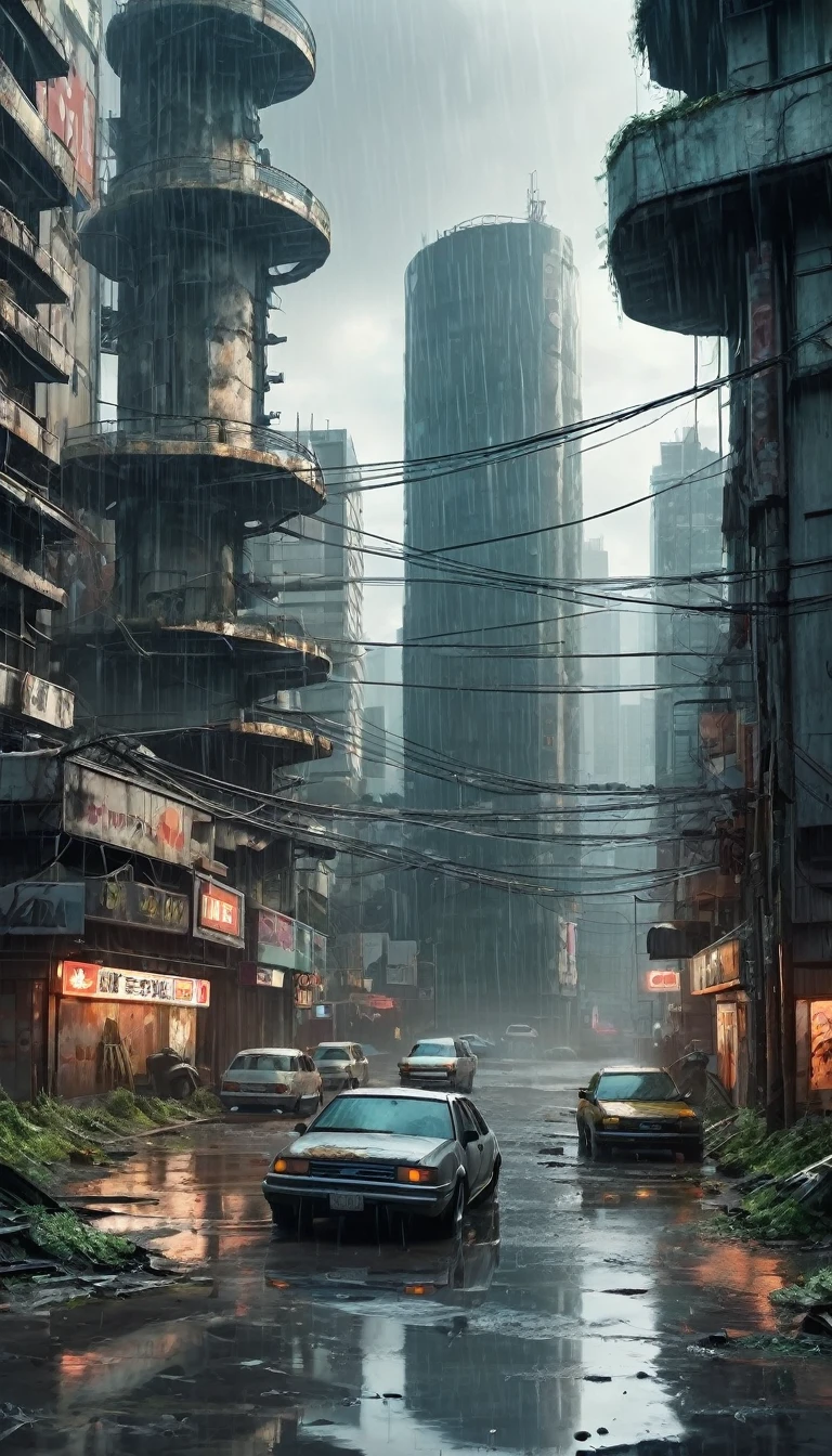 Image of the center of a modern ultra futuristic abandoned city with rusty and dirty abandoned overturned cars standing among the dirty modern round and circular gray buildings in ruins, cyberpunk style, rain and puddles of water on the ground, Science fiction, top view from a height of 30 meters, apocalipse nuclear, urban scenery with poles with traffic lights and wires of fallen poles, there is a rusty chain link fence around the buildings, There are billboards that have been erased and fallen from buildings, many buildings on the horizon as realistic as possible, high qualiy, 4K, hyper detailled